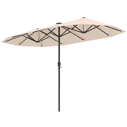 Front. Costway - 13 FT Large Patio Umbrella with LED Solar Lights Crank Handle 12 Heavy-Duty Ribs - Beige.