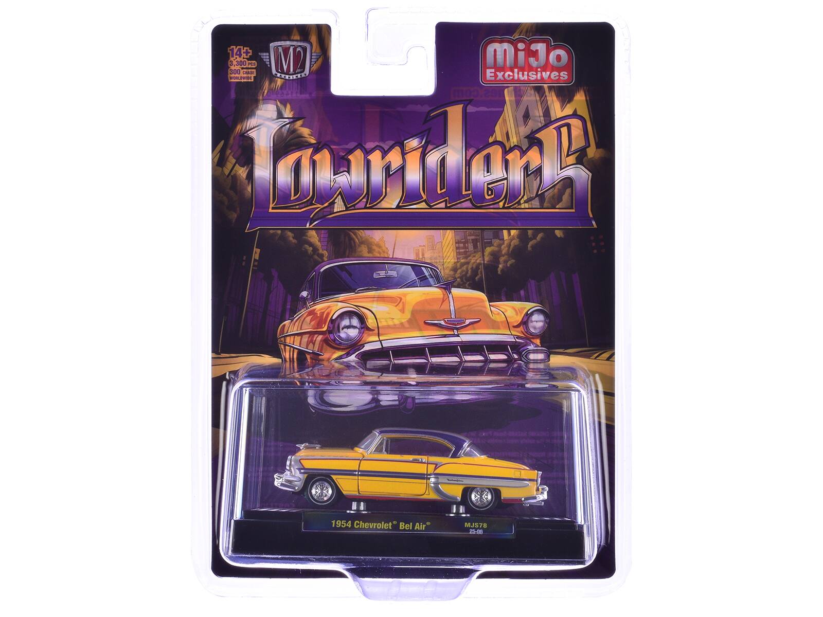 14+  
3,300 pcs  
300 Chase  
Worldwide  

M2  
Exclusive  

Lowriders  

1954 Chevrolet Bel Air  
MJS76  
21-00  

miJo  
Exclusive  
miJo.com