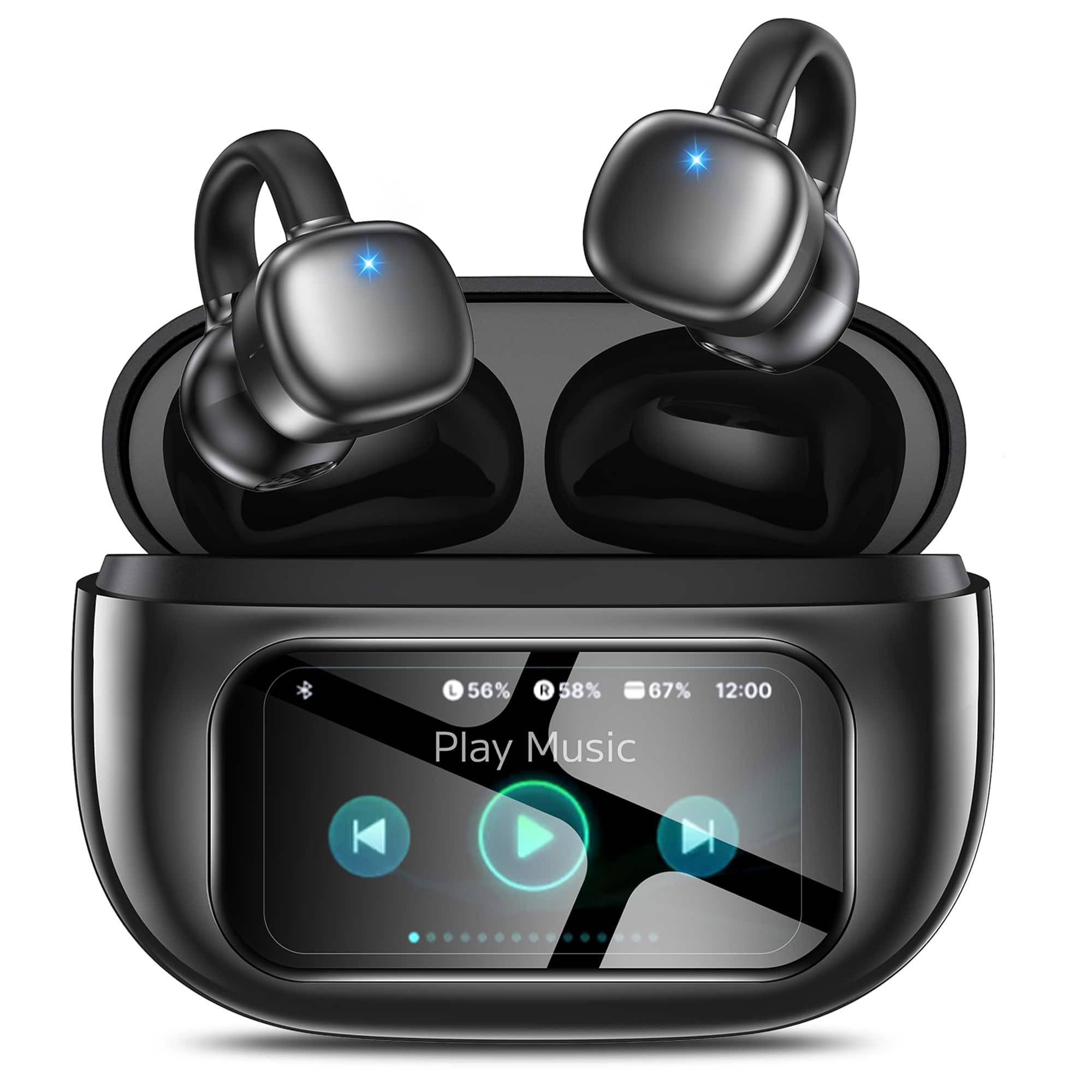 Trigiz - Open-Ear Wireless Clip-On Earbuds with Touch Screen, 60H Playtime, Bluetooth 6.0, IPX7 Waterproof, Secure Fit for Runnig - Black