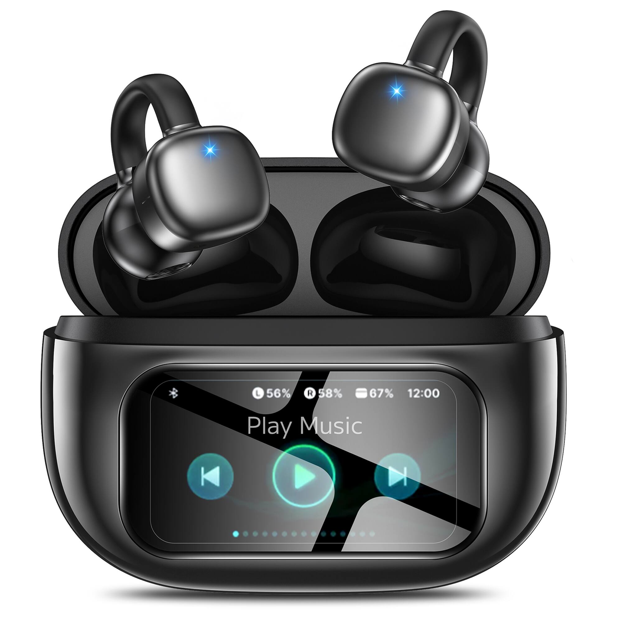 Trigiz - Open-Ear Wireless Clip-On Earbuds with Touch Screen , 60H Playtime, Bluetooth 6.0, IPX7 Waterproof, Secure Fit for Runni - Black