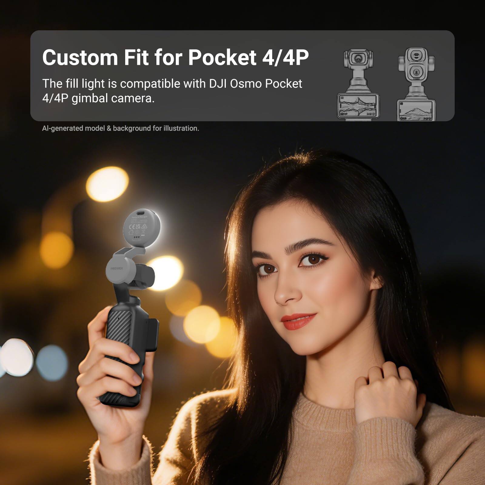 Custom Fit for Pocket 4/4P  
The fill light is compatible with DJI Osmo Pocket 4/4P gimbal camera.  
AI-generated model & background for illustration.