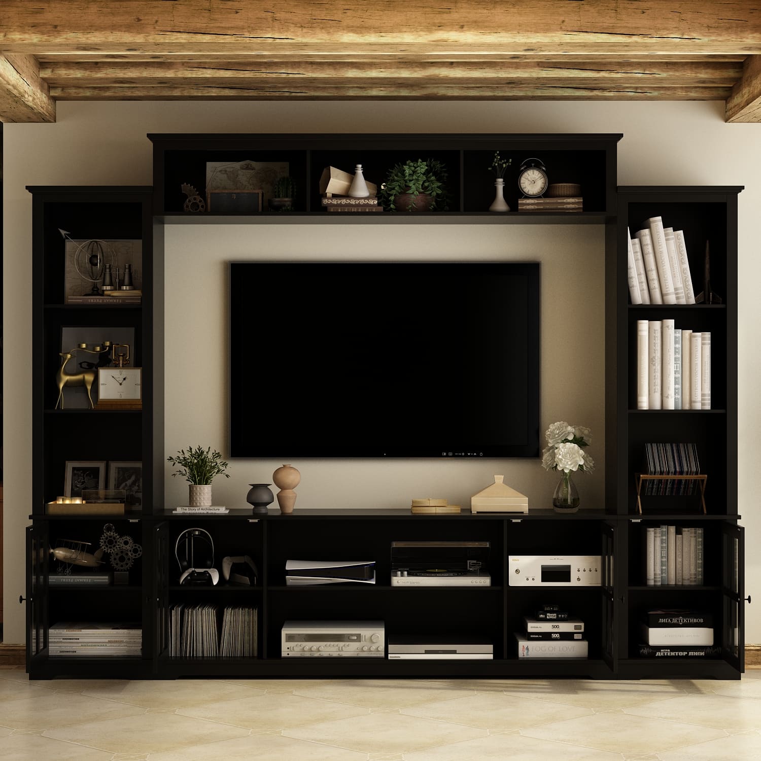 Famapy - Entertainment Center for TVs Up to 70 Inches, Wall Unit with Storage Shelves & Glass Doors TV Stands - Black