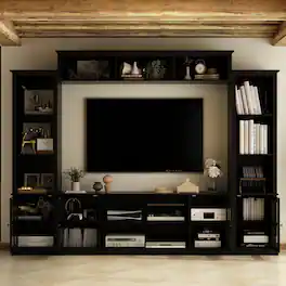 Famapy - Entertainment Center for TVs Up to 70 Inches, Wall Unit with Storage Shelves & Glass Doors TV Stands - Black