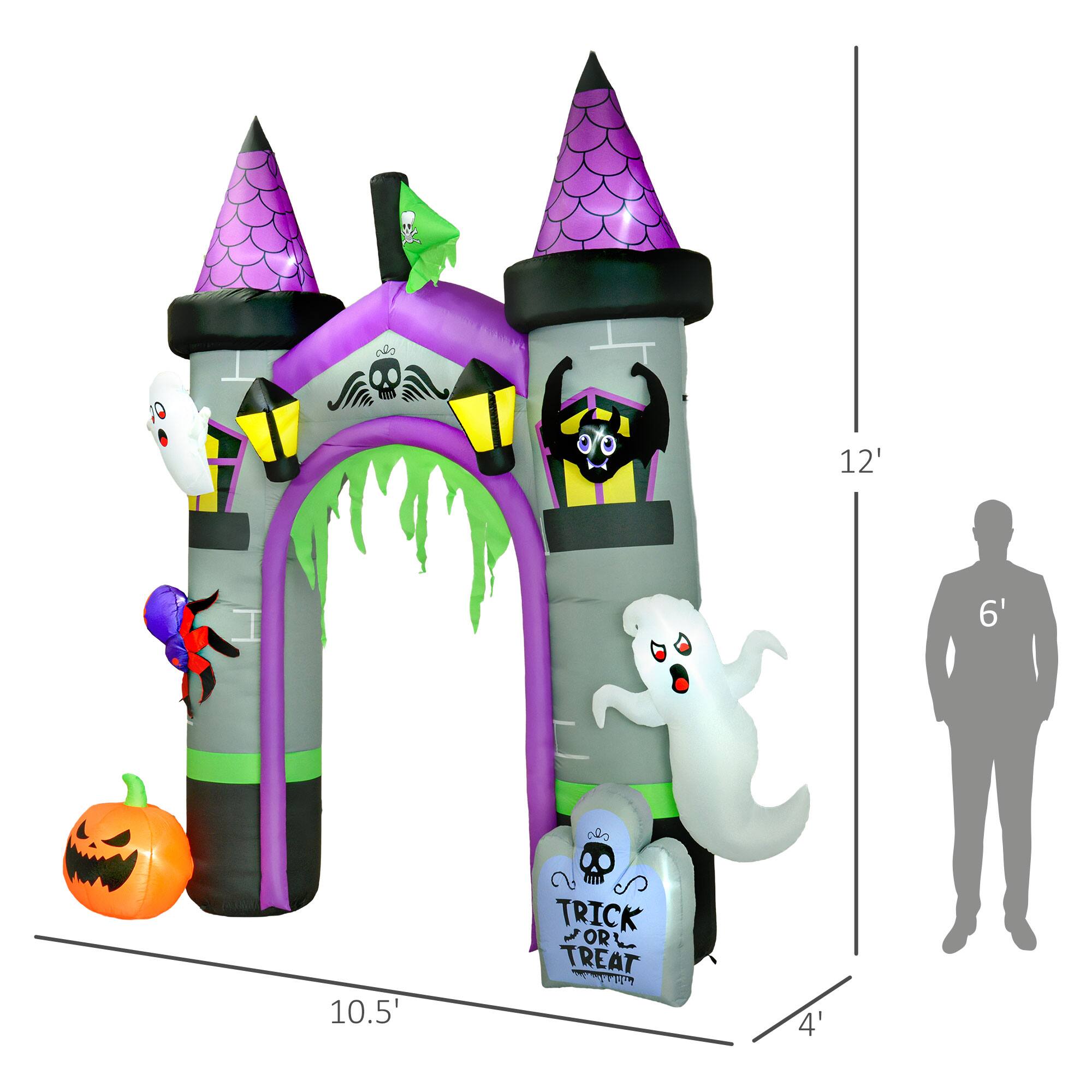 The text on the image is:

- "TRICK OR TREAT" on the pumpkin-shaped sign at the bottom.

The dimensions provided are:
- Height: 12 feet
- Width: 10.5 feet
- Depth: 4 feet

A silhouette of a 6-foot person is also shown for scale.