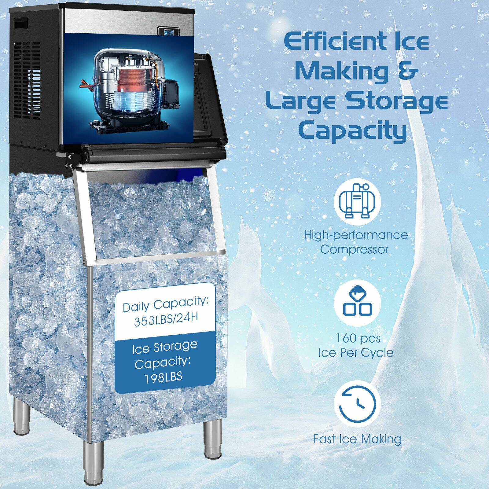 Efficient Ice Making & Large Storage Capacity

High-performance Compressor

Daily Capacity: 353LBS/24H

Ice Storage Capacity: 198LBS

160 pcs Ice Per Cycle

Fast Ice Making