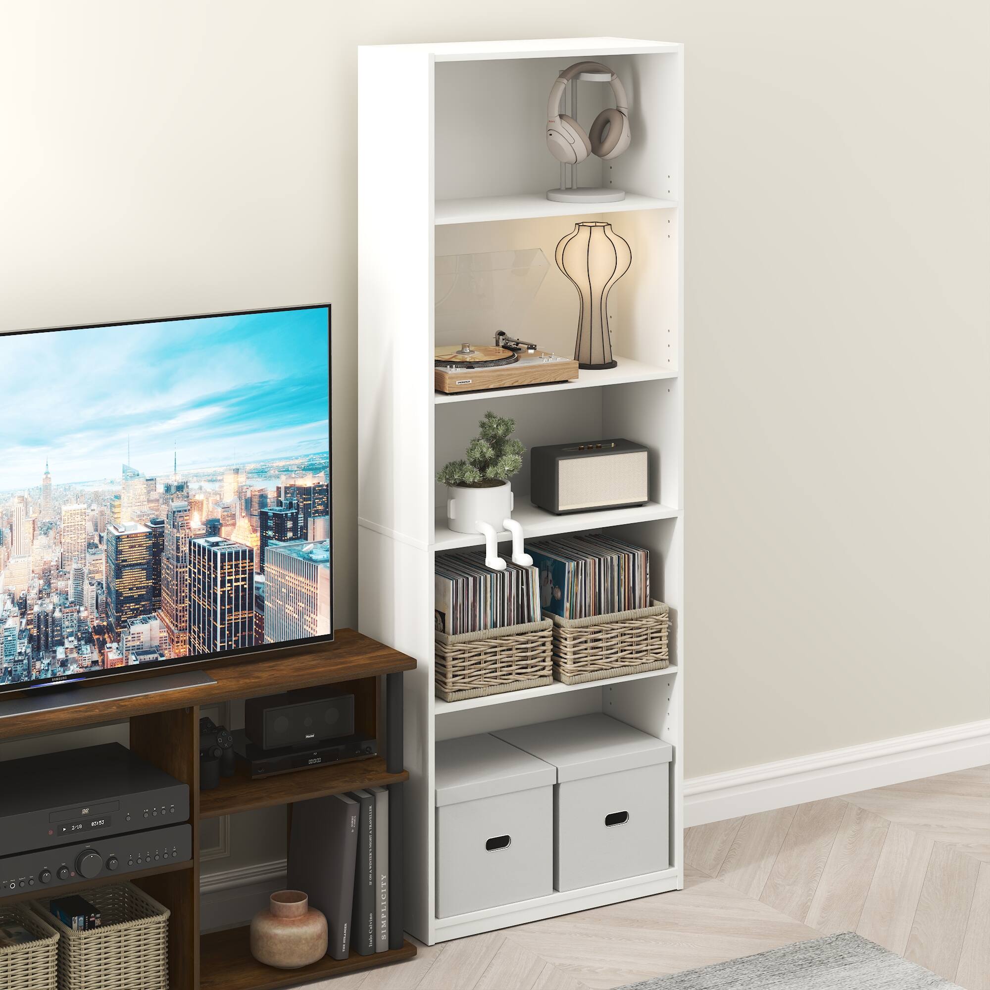 Alt View 1. Furinno - GEHRY 5-Tier Media Storage, CD DVD Media Tower, with Adjustable Shelves, for Living Room, Home Office - White.