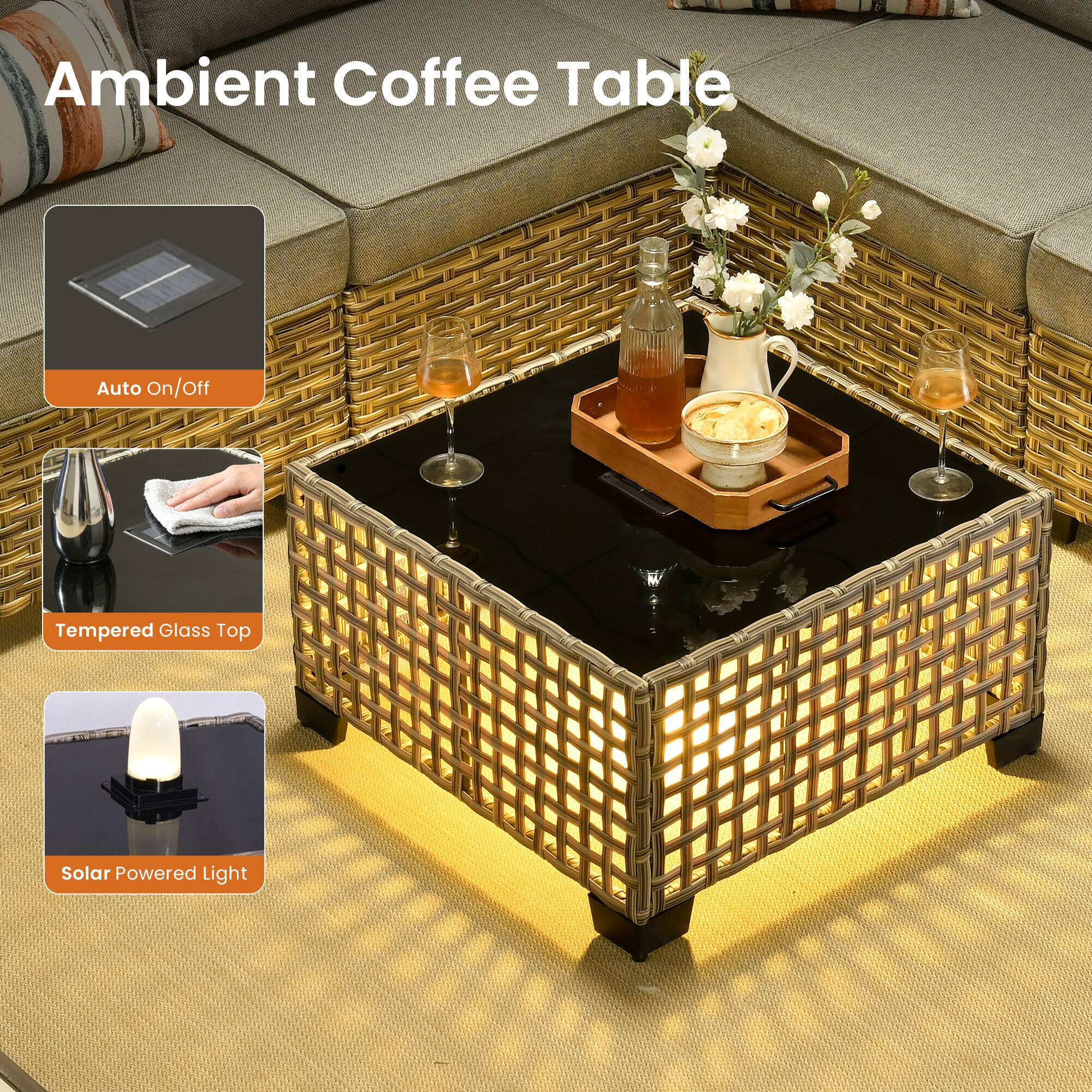 Ambient Coffee Table Auto On/Off Tempered Glass Top Solar Powered Light