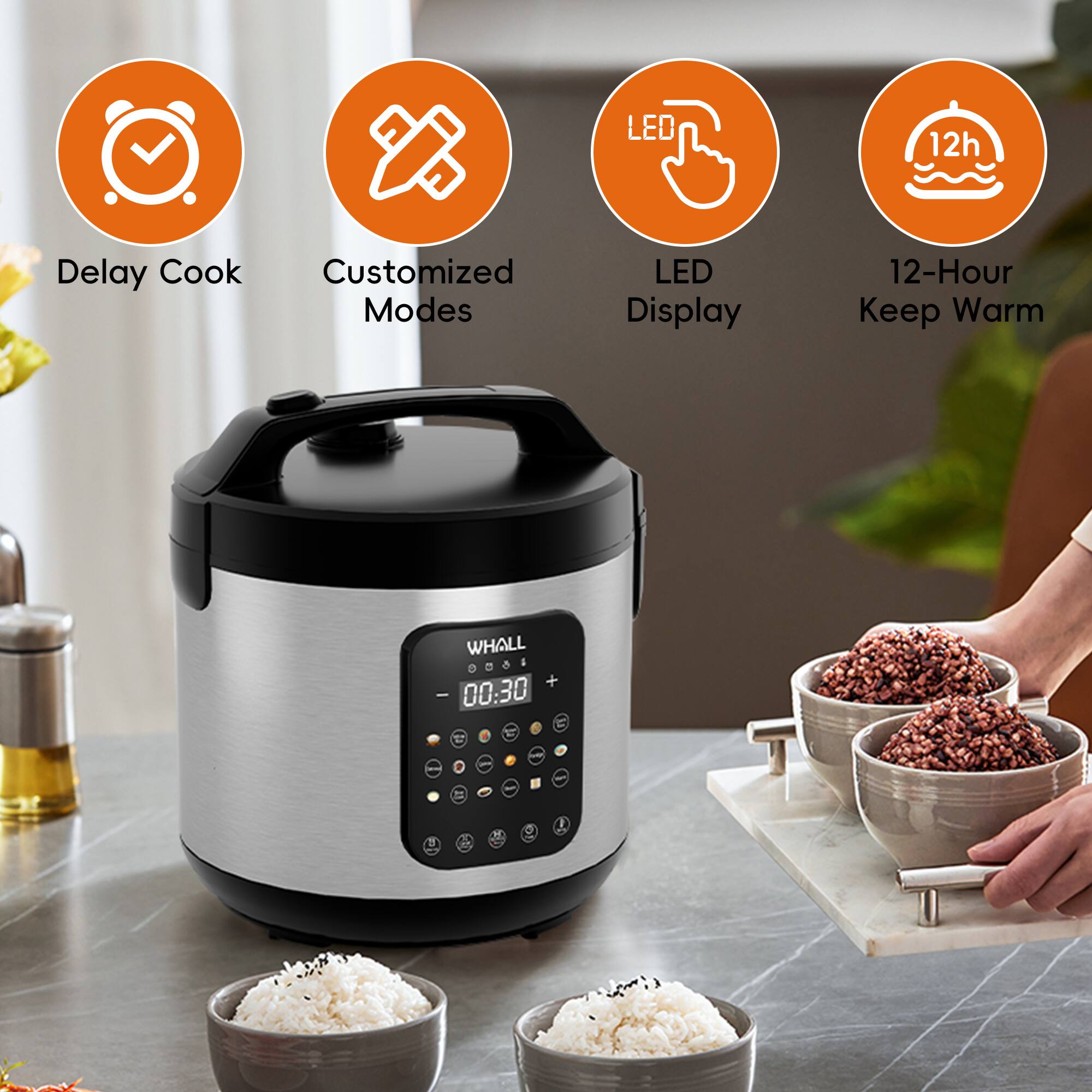 LED 12h Delay Cook Customized Modes LED Display 12-Hour Keep Warm

- Delay Cook
- Customized Modes
- LED Display
- 12-Hour Keep Warm