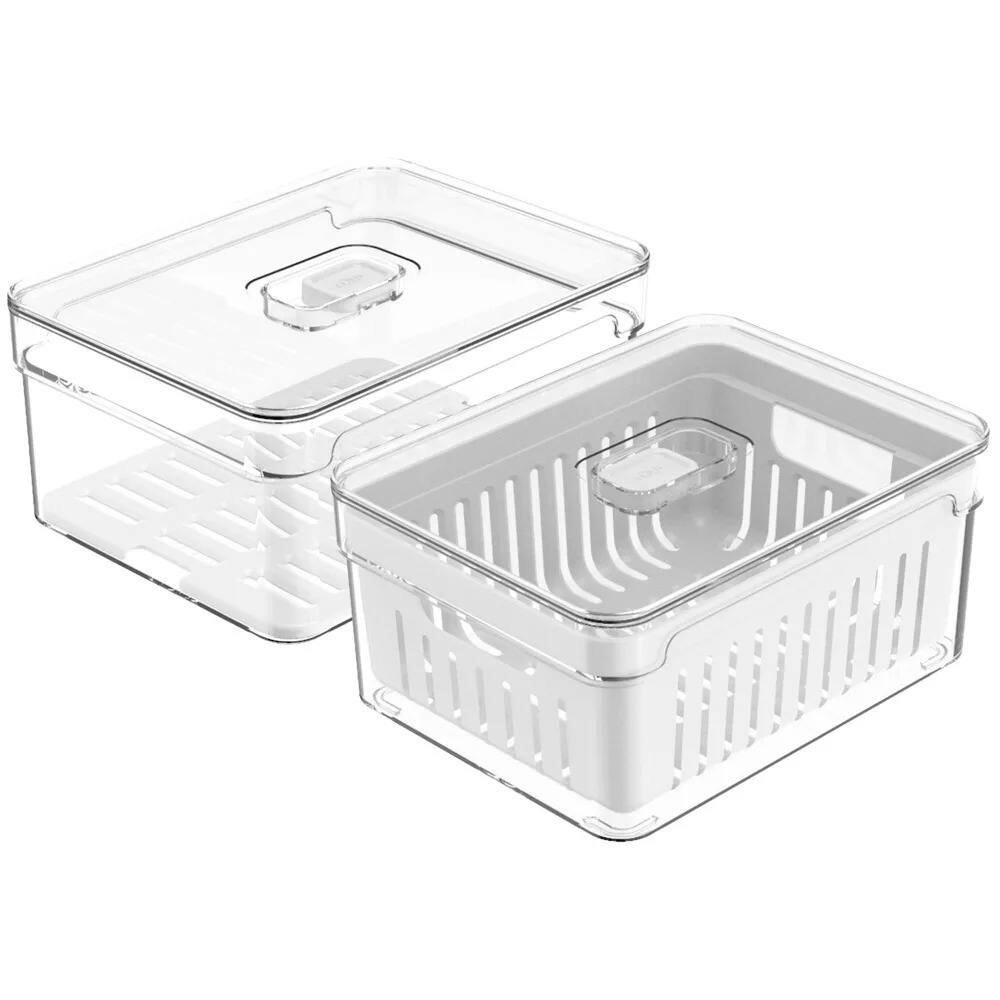 Alt View 9. OU - OU Fridge Organizer Bins with Drain Baskets & Vented Lids, Clear Stackable Produce Storage Container - Clear.