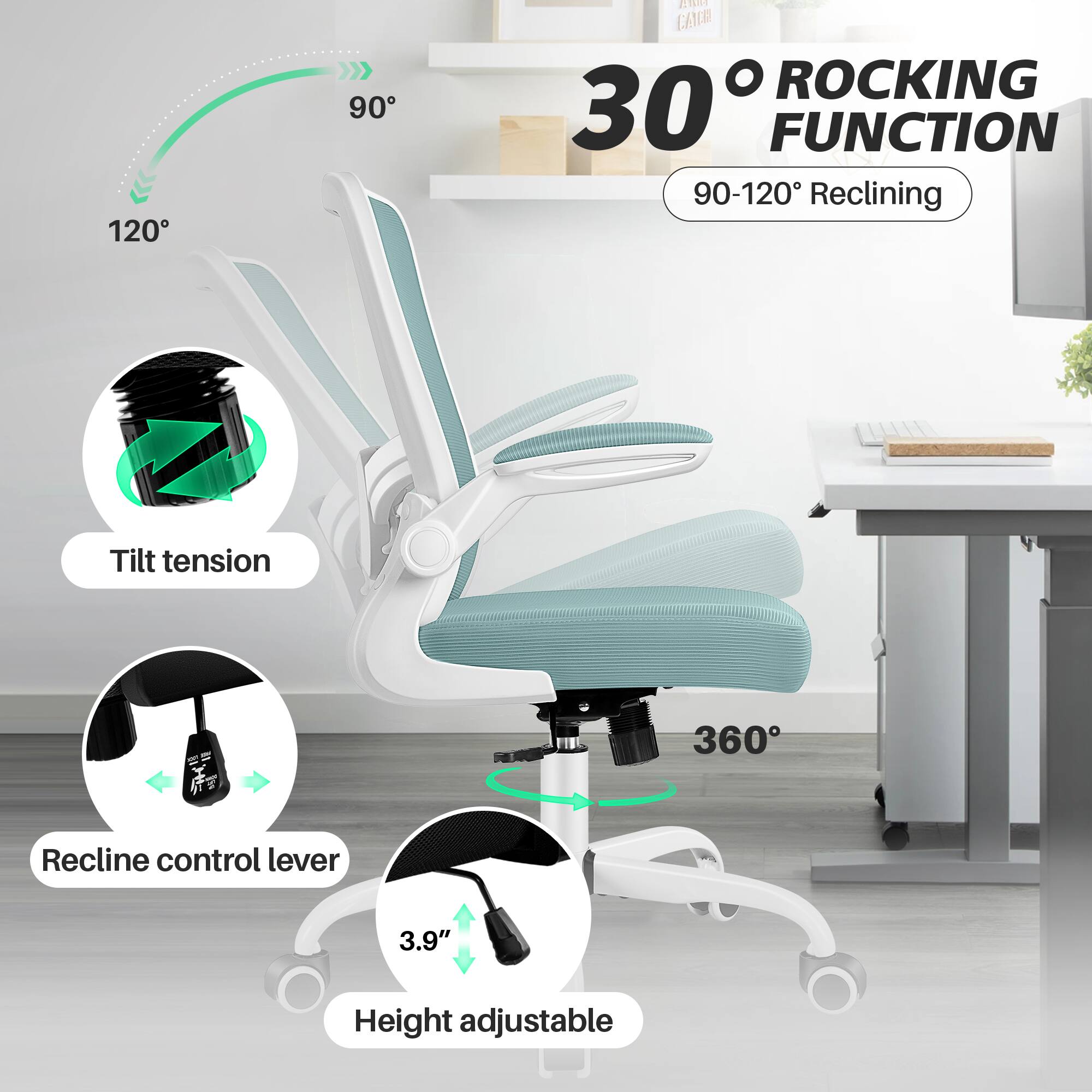 120 90 ET CANCR O ROCKING 30° FUNCTION 90-120° Reclining Tilt tension Ve 360° Recline control lever 3.9" Height adjustable