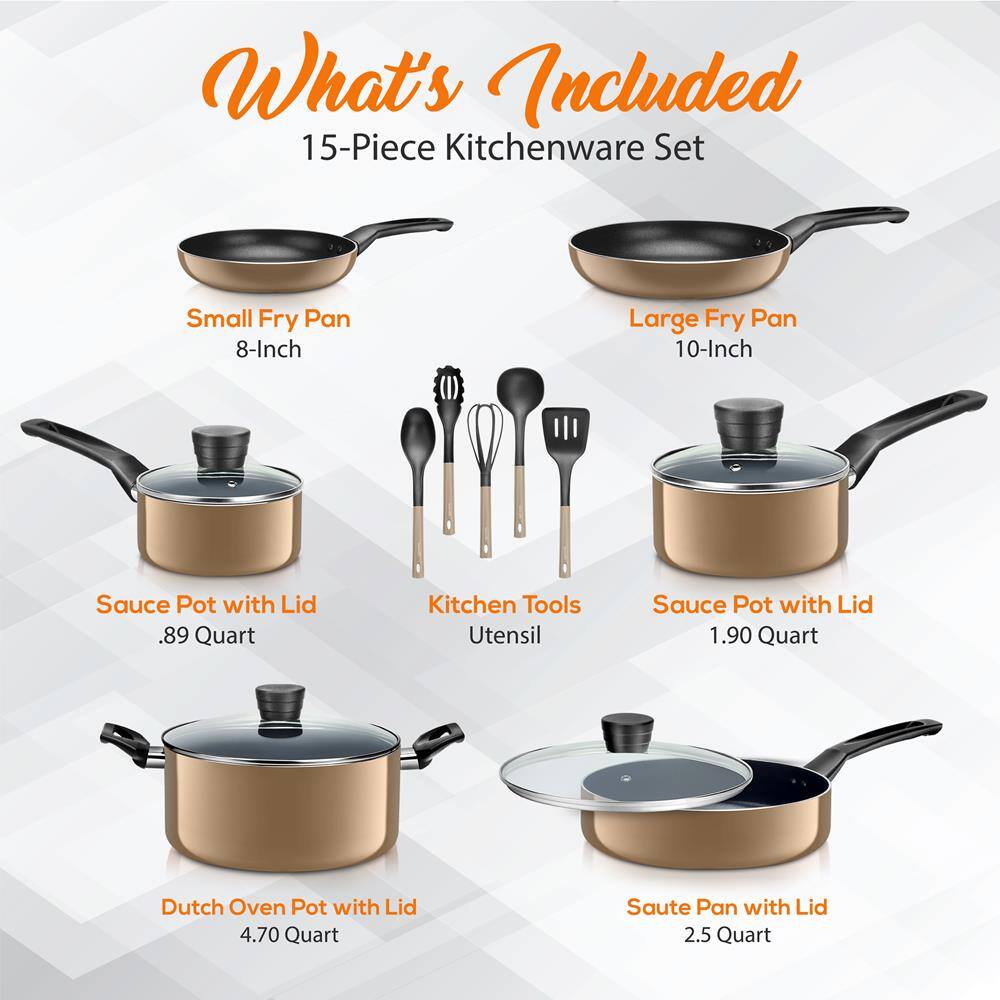 What's Included  
15-Piece Kitchenware Set  

- Small Fry Pan  
  8-Inch  

- Large Fry Pan  
  10-Inch  

- Sauce Pot with Lid  
  .89 Quart  

- Sauce Pot with Lid  
  1.90 Quart  

- Dutch Oven Pot with Lid  
  4.70 Quart  

- Saute Pan with Lid  
  2.5 Quart  

- Kitchen Tools Utensil