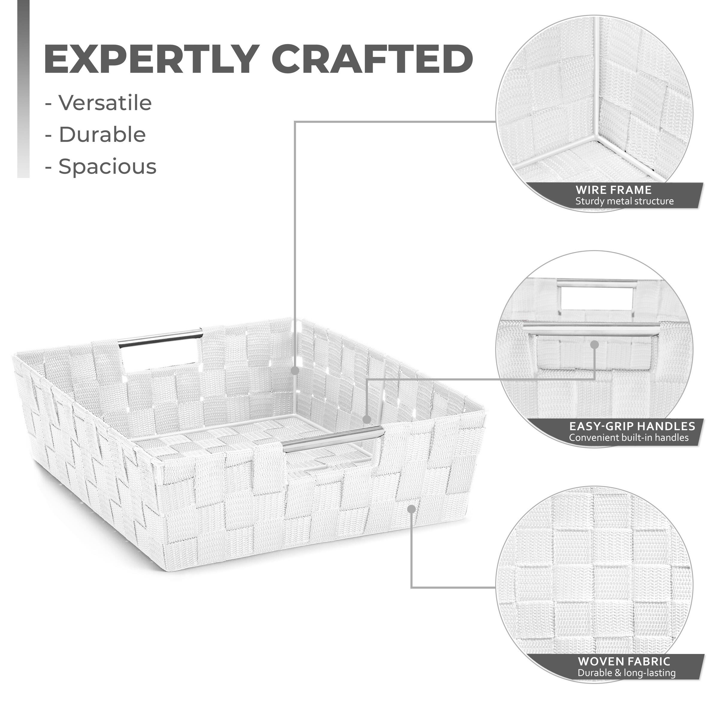EXPERTLY CRAFTED  
- Versatile  
- Durable  
- Spacious  

WIRE FRAME  
Sturdy metal structure  

EASY-GRIP HANDLES  
Convenient built-in handles  

WOVEN FABRIC  
Durable & long-lasting