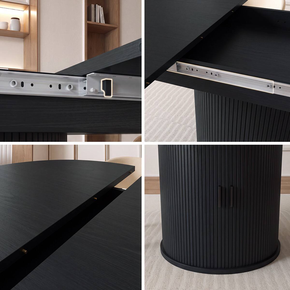 Alt View 2. Dyonery - Extendable Dining Table 43-59" for 4-6 People, Round Kitchen Table with Fluted Slide Door & 8-Compartment Storage - Black.
