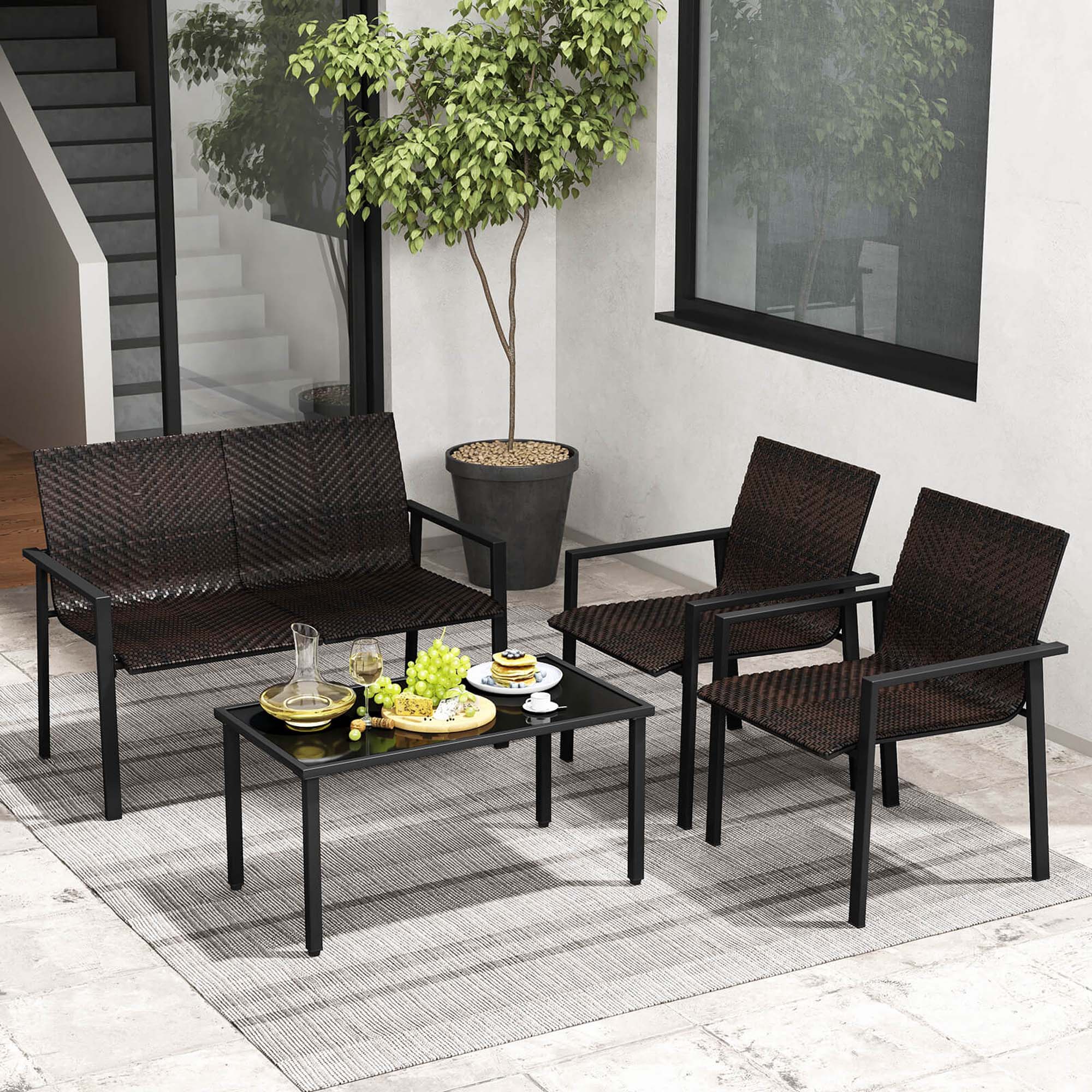 Alt View 7. Costway - 4 PCS Outdoor Wicker Patio Furniture Set with Heavy-Duty Galvanized Metal Frame - Mix Brown.