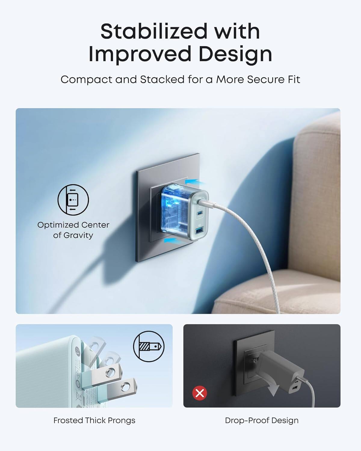 Stabilized with Improved Design  
Compact and Stacked for a More Secure Fit  
Optimized Center of Gravity  
Frosted Thick Prongs  
Drop-Proof Design