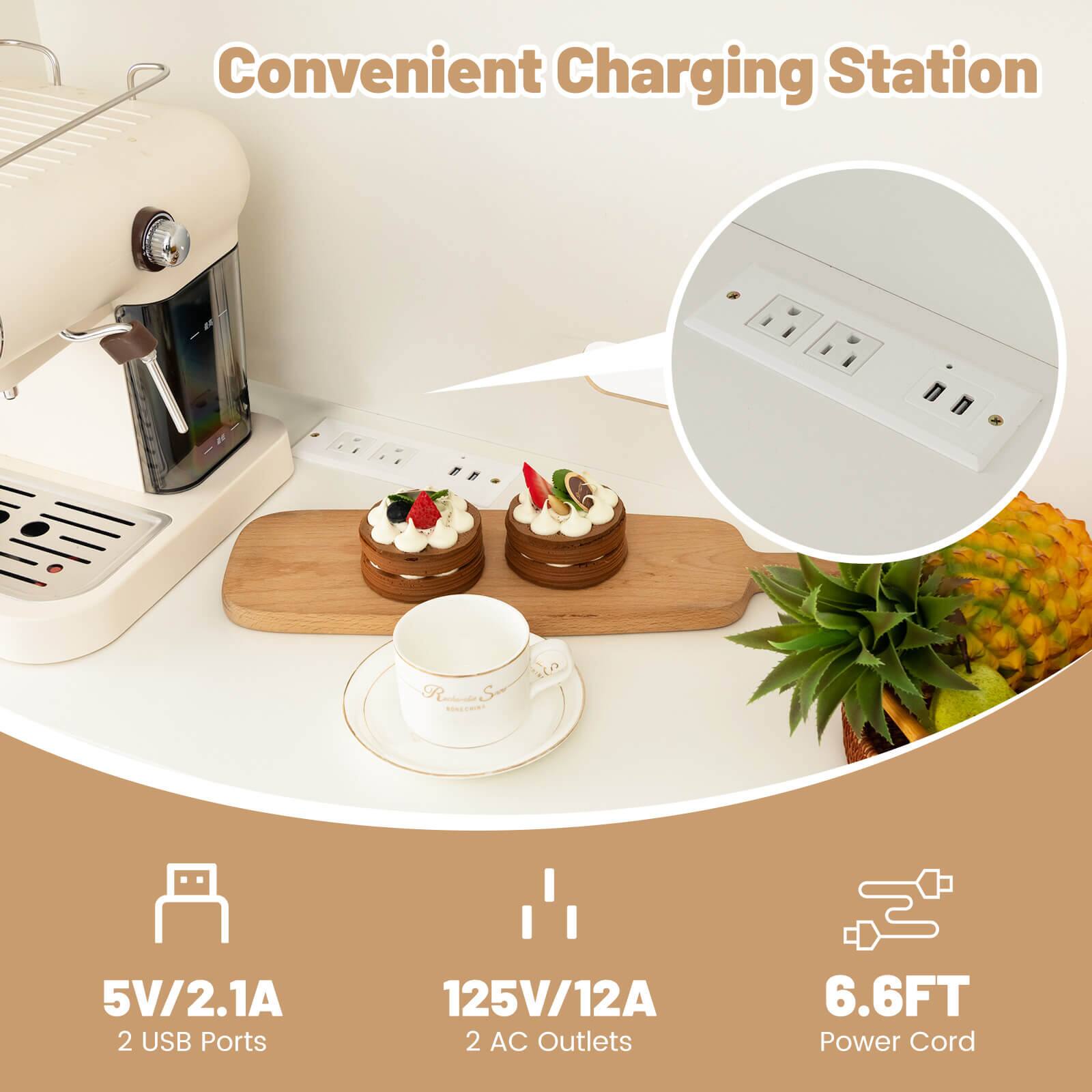 Convenient Charging Station:

* 5V/2.1A output
* 2 USB ports
* 125V/12A AC outlets
* 6.6FT power cord

This text describes a convenient charging station with various features, such as the ability to charge devices at 5V/2.1A, two USB ports, two AC outlets, and a 6.6FT power cord.