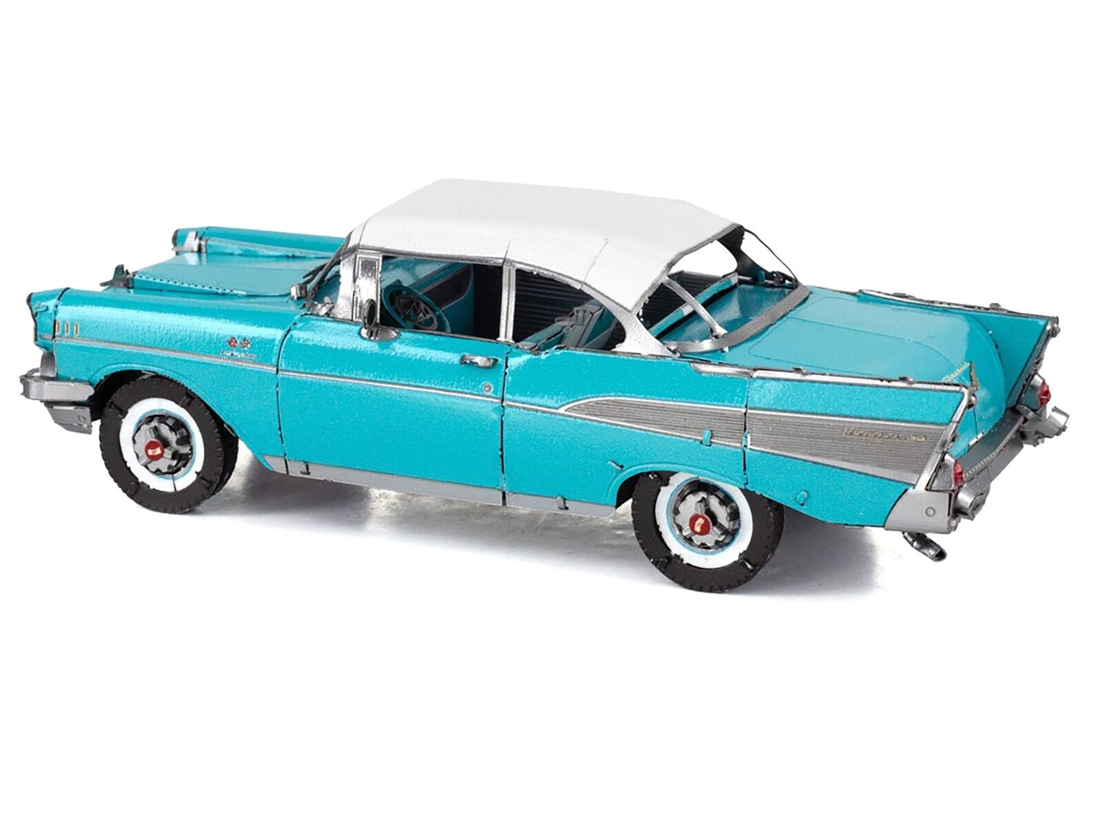 Angle. Metal Earth - Model Kit 1957 Chevrolet Bel Air Turquoise with White Top (Challenging Difficulty) Steel Model by Metal Earth - Turquoise.