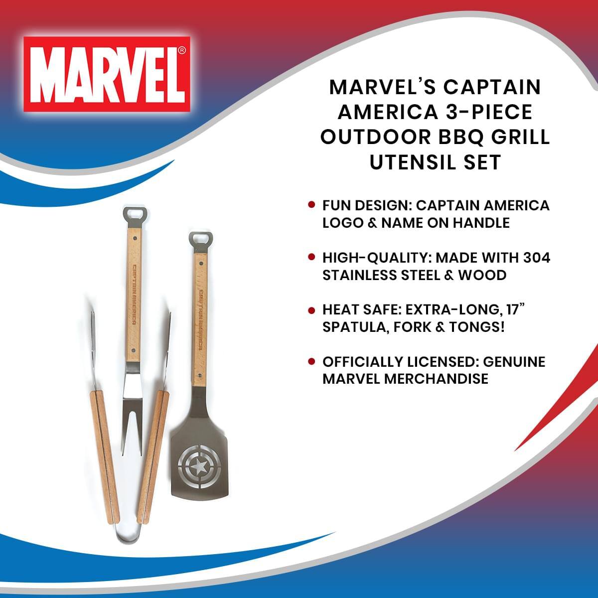 MARVEL MARVEL'S CAPTAIN AMERICA 3-PIECE OUTDOOR BBQ GRILL UTENSIL SET  
FUN DESIGN: CAPTAIN AMERICA LOGO & NAME ON HANDLE  
HIGH-QUALITY: MADE WITH 304 STAINLESS STEEL & WOOD  
HEAT SAFE: EXTRA-LONG, 17" SPATULA, FORK & TONGS!  
OFFICIALLY LICENSED: GENUINE MARVEL MERCHANDISE