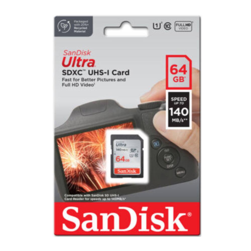 20% Recycled U1 10 FULLHD VIDEO SanDisk Ultra SDXC UHS-I Card Fast for Better Pictures and Full HD Video 64 GB SPEED UP TO 140 MB/s* Ultra 5 U e 64. SanDisk S1 DESP Compatible with Sandisk SD UHS-I Card Reader for speeds up to MB/s SanDisk