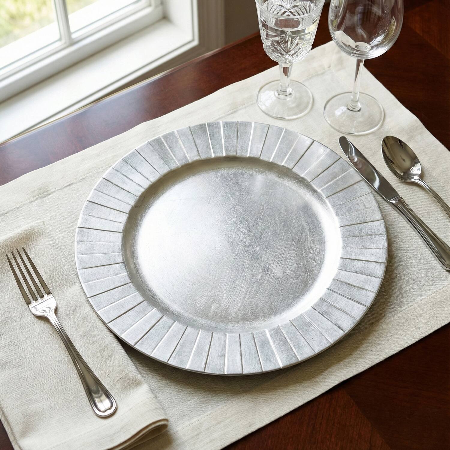 Left. American Atelier - Silver Burst Charger Plate Set- 12 Pieces - Silver.