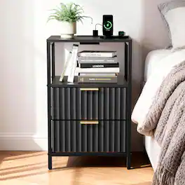 Winado - Fluted Style Nightstand with Charging Station, 2 Fabric Drawers and Shelves USB Type-C AC Outlets Front Bedside Table - Black