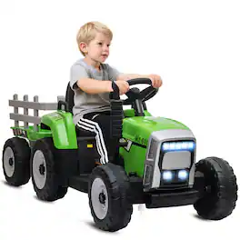 Aosom - 12V Ride on Tractor with Trailer, 25W Dual Motors, Battery Electric Tractor with Remote, Music, Horn, LED Lights