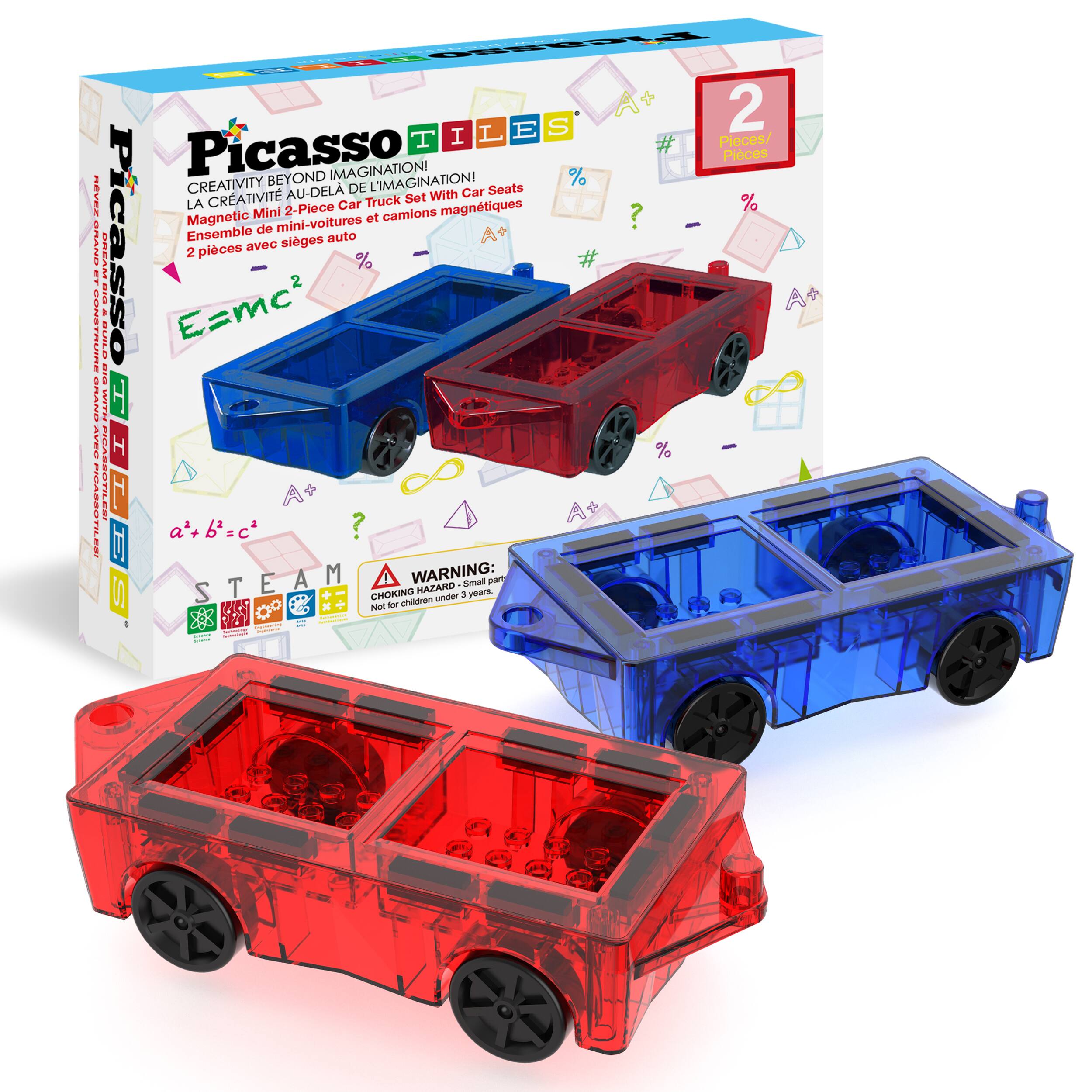 PicassoTiles - 2PCS Magnetic Cars for Kids, Mini Truck Construction Kit Toy Set Vehicle for Building Blocks Sensory Magnet STEM Toys