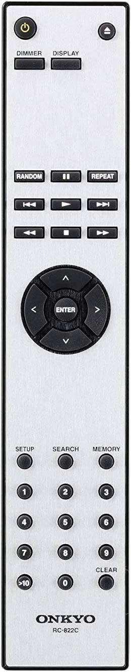- DIMMER
- DISPLAY
- RANDOM
- REPEAT
- ENTER
- SETUP
- SEARCH
- MEMORY
- 1
- 2
- 3
- 4
- 5
- 6
- 7
- 8
- 9
- CLEAR
- >10
- 0
- ONKYO RC-822C