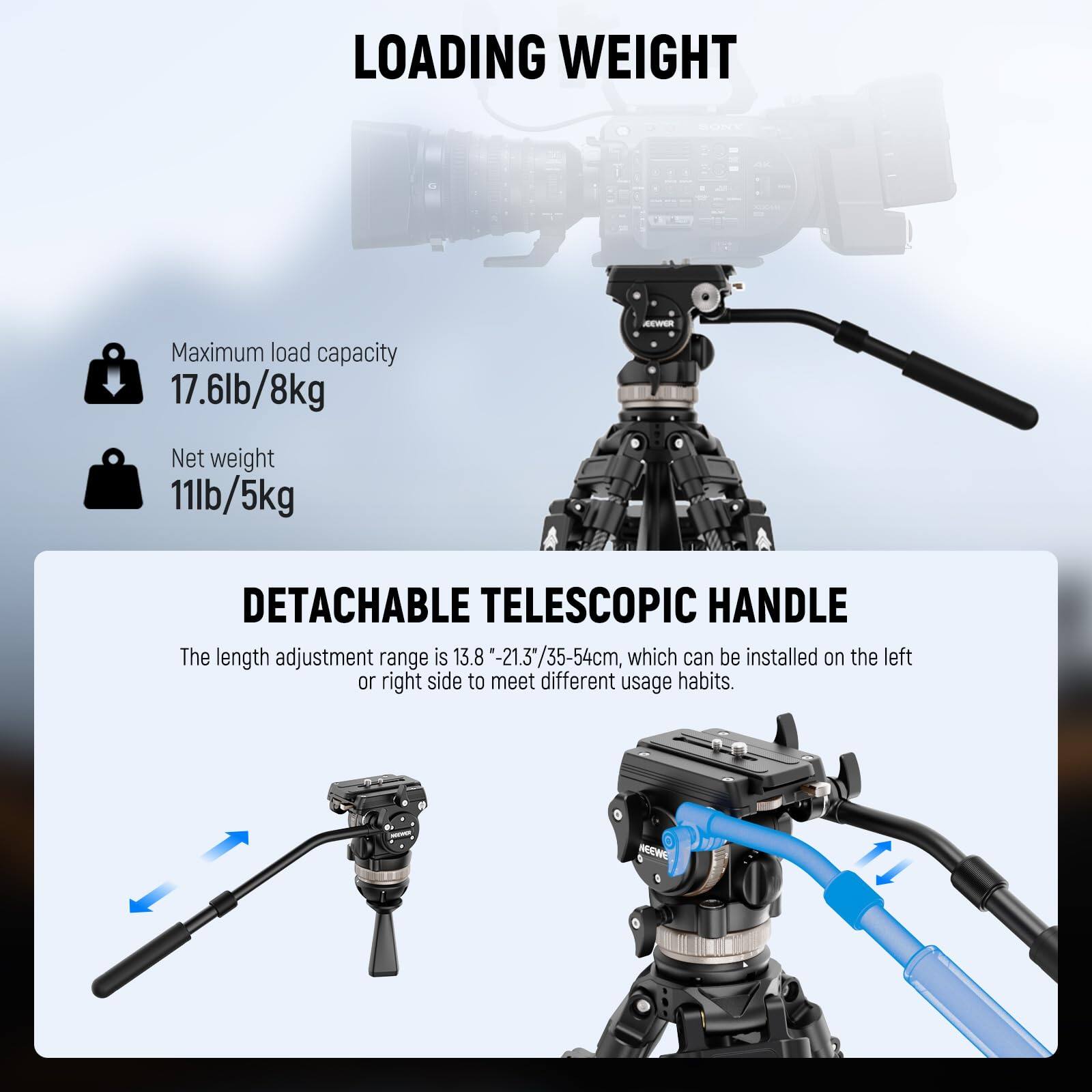 **LOADING WEIGHT**

- Maximum load capacity: 17.6lb/8kg
- Net weight: 11lb/5kg

**DETACHABLE TELESCOPIC HANDLE**

The length adjustment range is 13.8" - 21.3"/35-54cm, which can be installed on the left or right side to meet different usage habits.