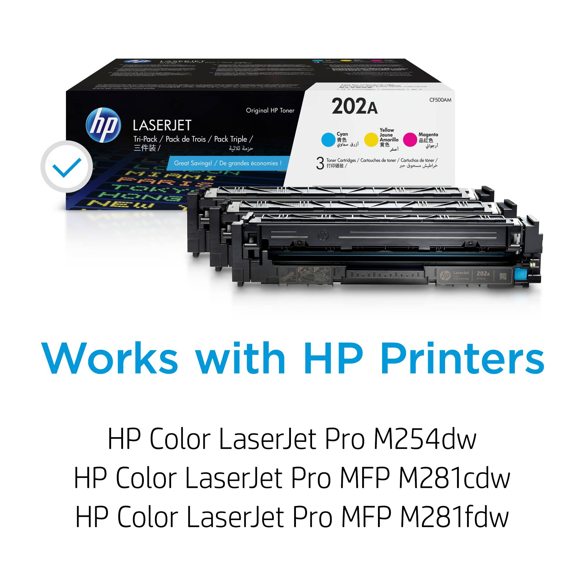 Original HP Toner hp LASERJET Tri-Pack / Pack de Trois / Pack Triple / Great Savings! / De grandes economies | MIMMI M PAR13 TeKY HONS NEW CF500AM 202A Yellow Cyan Magenta Amarilla S B d ge Cartidges Cartouches de T Cartucho de Toner 3 E J c Ccd 201 - Works with HP Printers HP Color LaserJet Pro M254dw HP Color LaserJet Pro MFP M281cdw HP Color LaserJet Pro MFP M281fdw