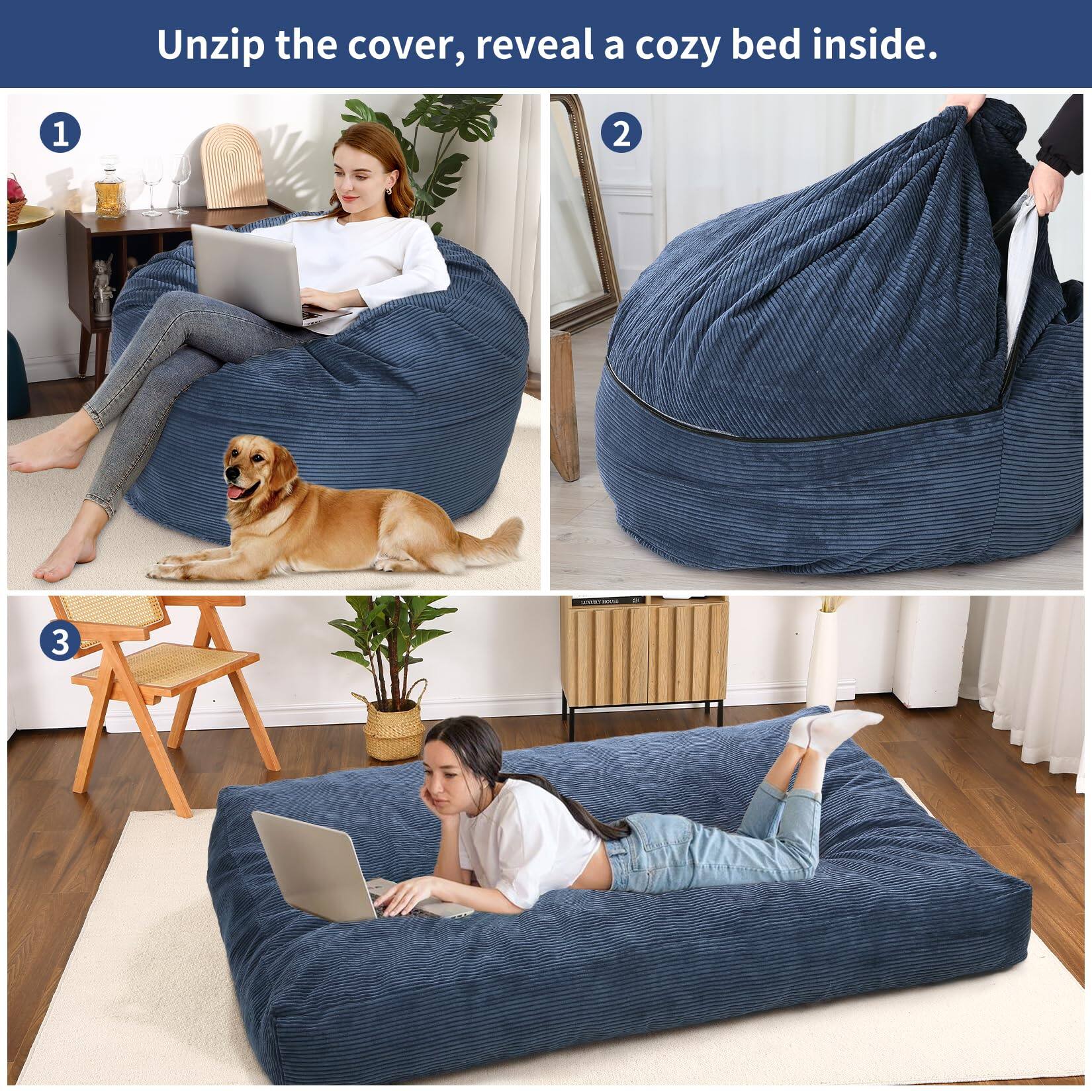 Unzip the cover, reveal a cozy bed inside.

1. Unzip the cover.
2. Reveal a cozy bed inside.
3. Enjoy your new cozy bed.