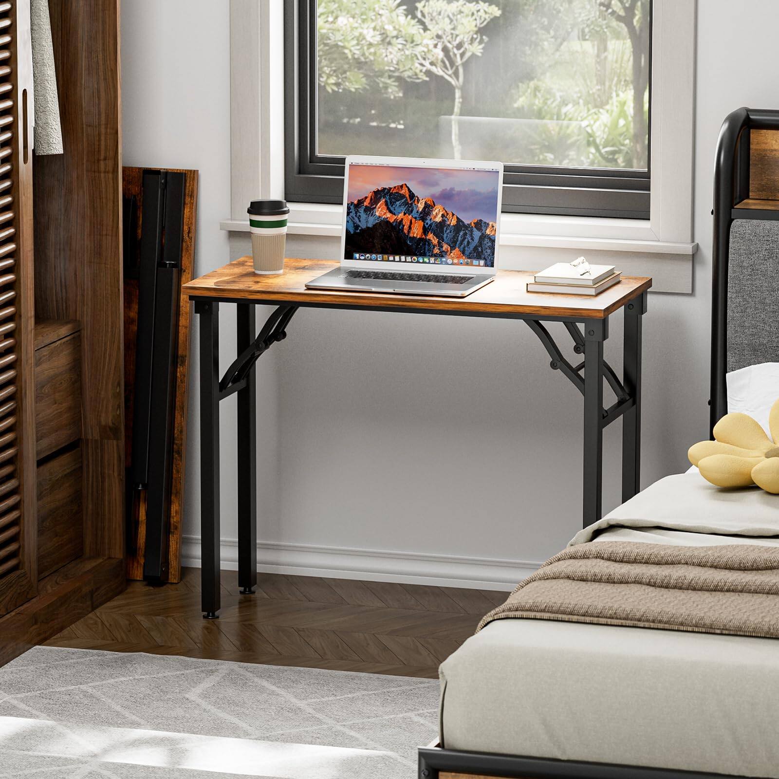 Left. Stylel Star - TEMI Small Computer Desk Folding Table - 35.8" Foldable Office Desk, No Assembly, Perfect for Small Spaces in Bedroom - Rustic Brown.