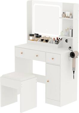 GARVEE - Vanity Desk with Mirror & LED Lights, Power Outlet, Storage Drawers, Shelves, Cabinet, Chair, 3 Lighting Modes - White