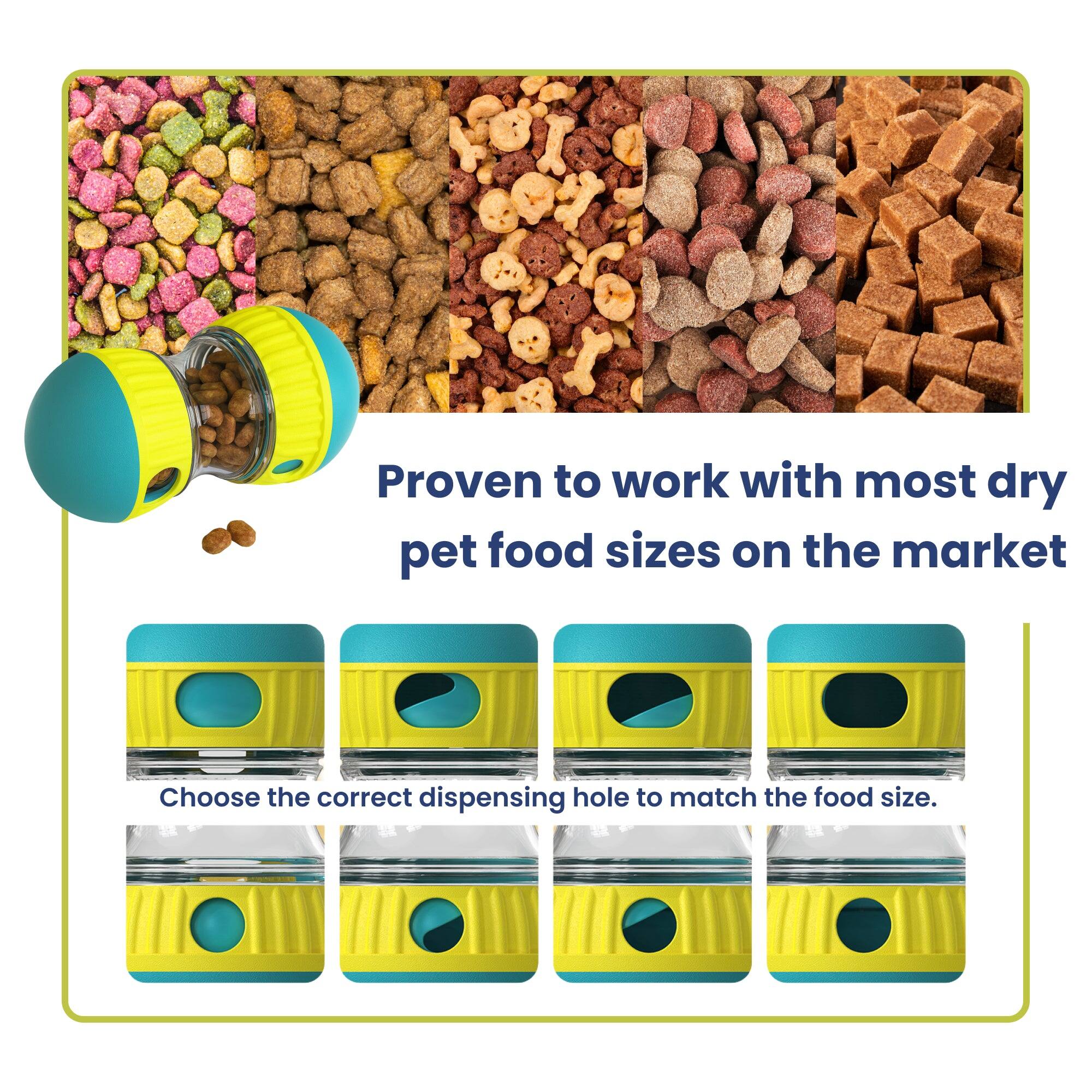 Proven to work with most dry pet food sizes on the market

Choose the correct dispensing hole to match the food size.