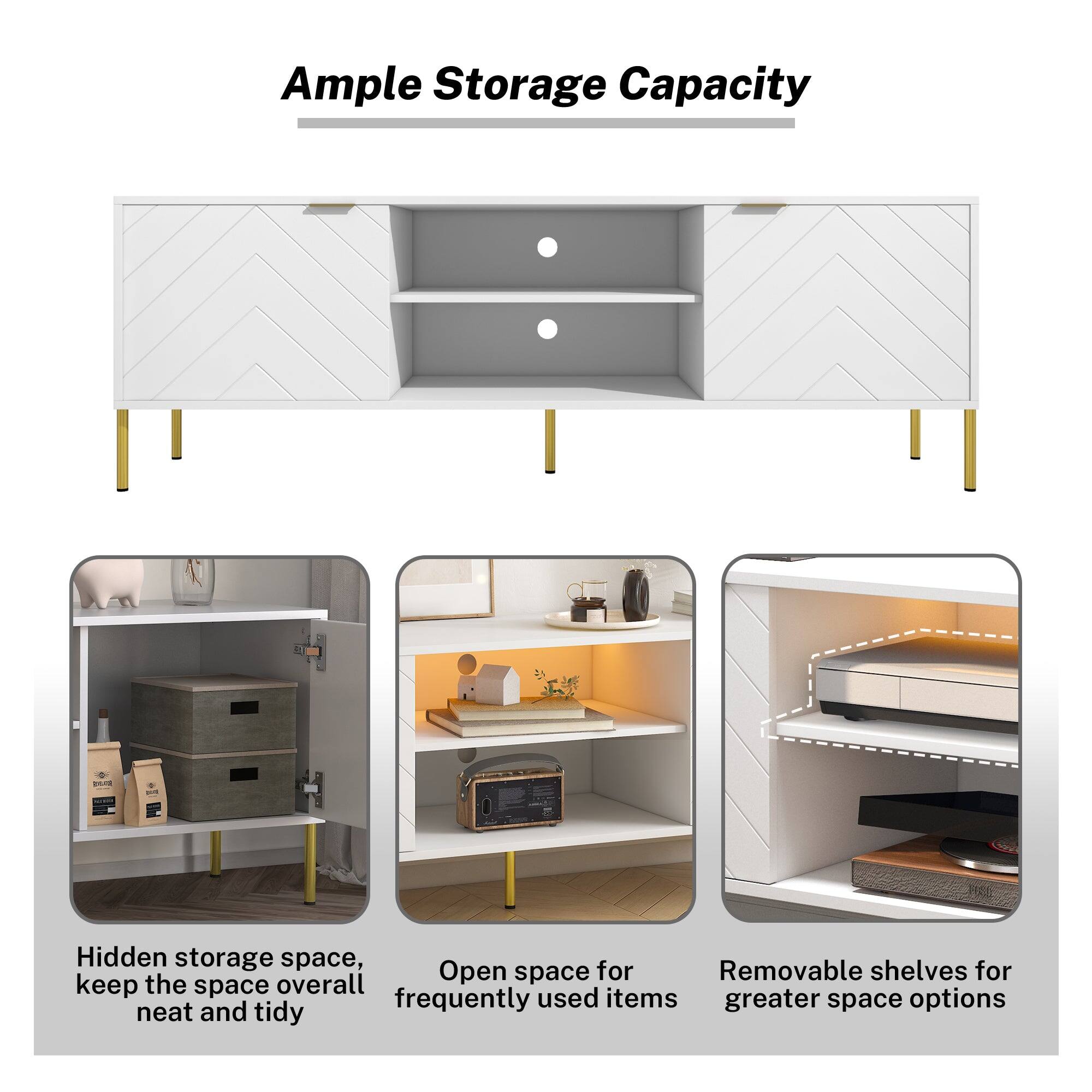 Ample Storage Capacity

- Hidden storage space, keep the space overall neat and tidy
- Open space for frequently used items
- Removable shelves for greater space options