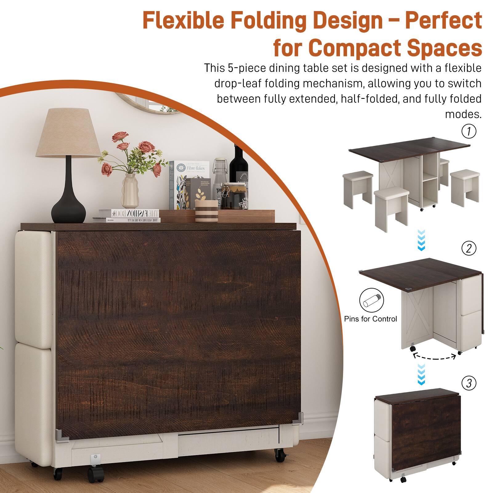 Flexible Folding Design – Perfect for Compact Spaces

This 5-piece dining table set is designed with a flexible drop-leaf folding mechanism, allowing you to switch between fully extended, half-folded, and fully folded modes.

1. Pins for Control