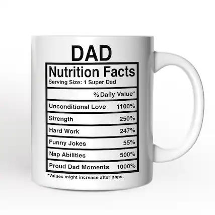 DAD
Nutrition Facts
Serving Size: 1 Super Dad
% Daily Value*
Unconditional Love 1100%
Strength 250%
Hard Work 247%
Funny Jokes 55%
Nap Abilities 500%
Proud Dad Moments 1000%
*Values might increase after naps.