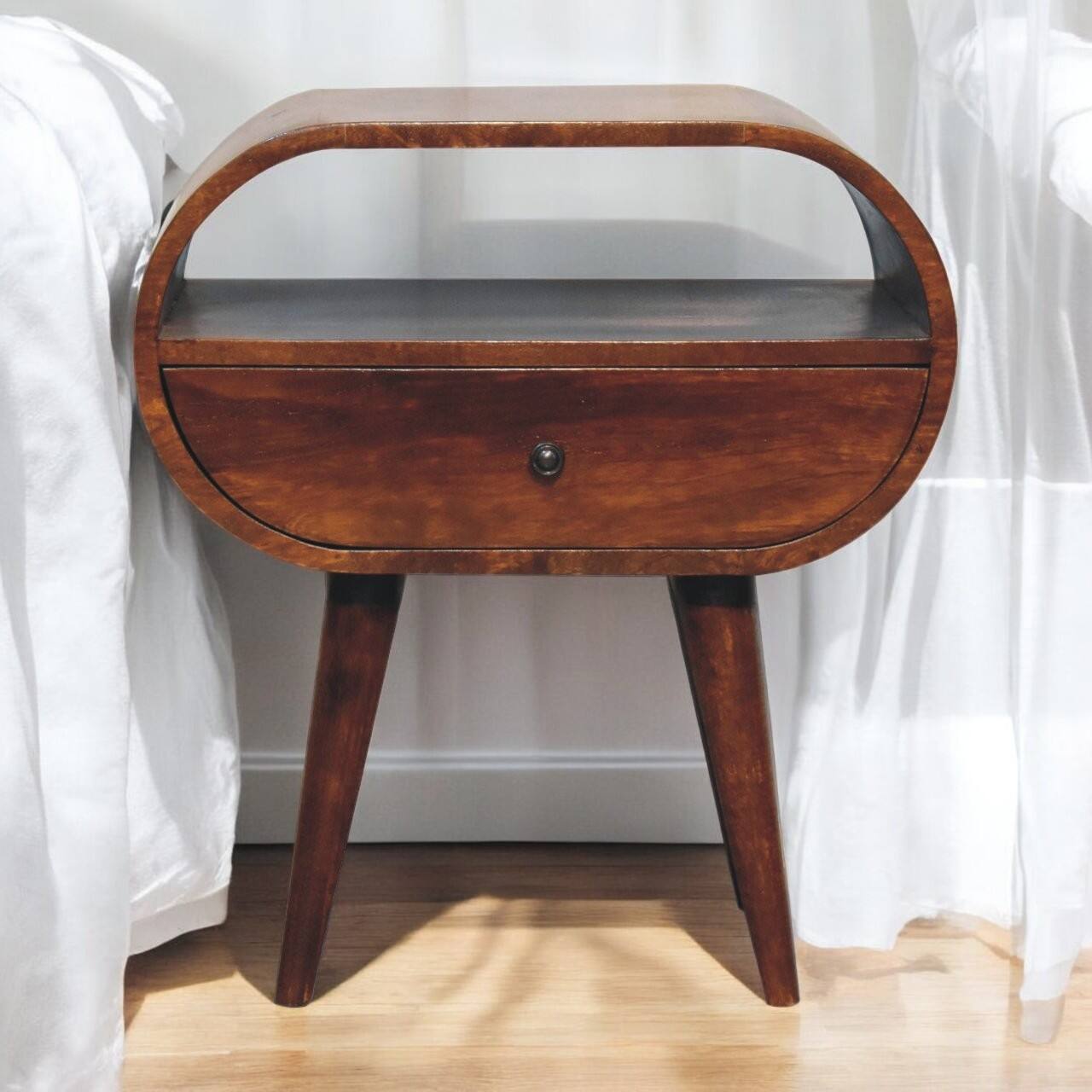 Angle. Artisan Furniture - Artisan Furniture Solid Wood Large Chestnut Circular Bedside, 1 Drawer, 1 Open Slot, Nordic Legs, Dark Brown - Chestnut.