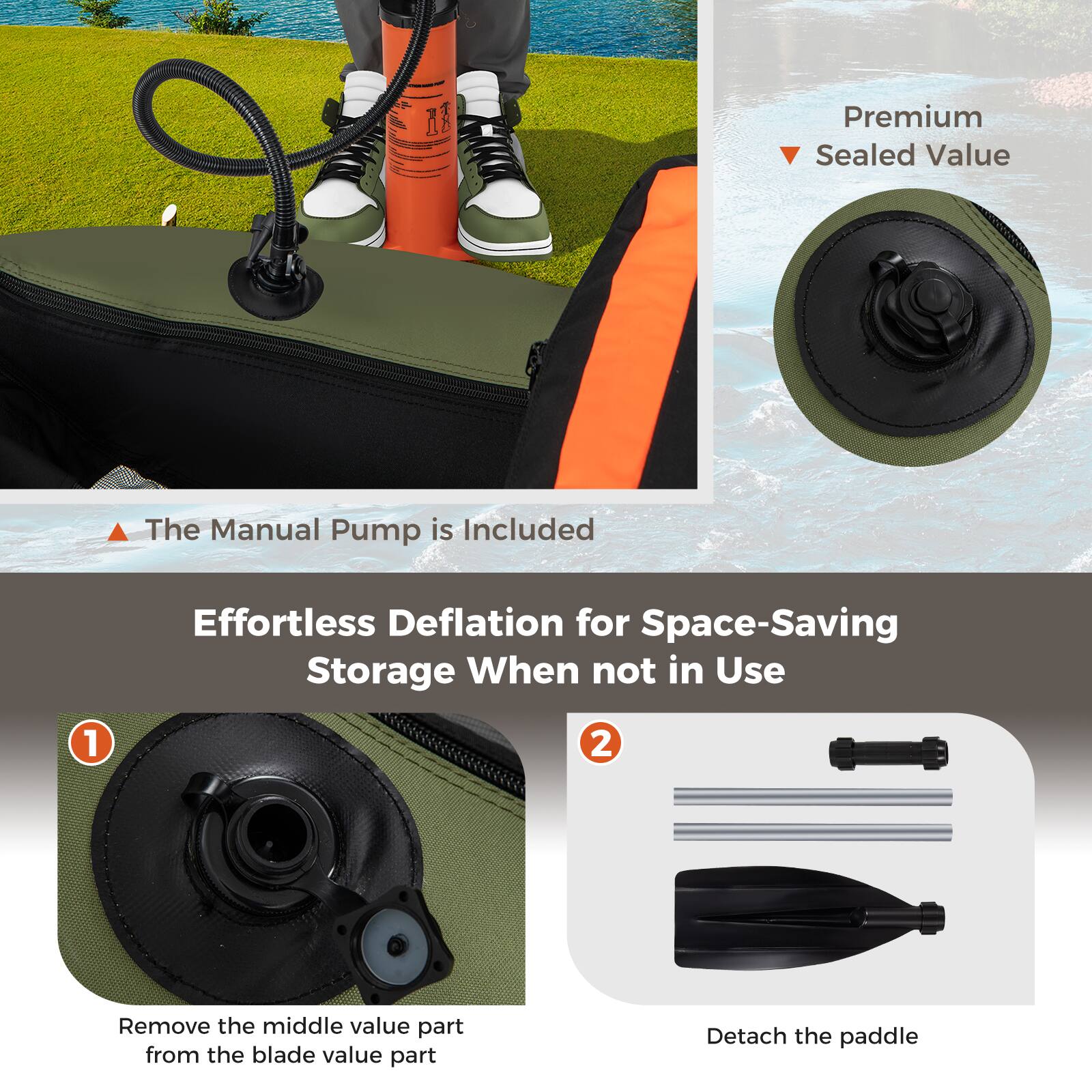 Premium Sealed Value  
The Manual Pump is Included  

Effortless Deflation for Space-Saving Storage When not in Use  

1. Remove the middle valve part from the blade valve part  
2. Detach the paddle