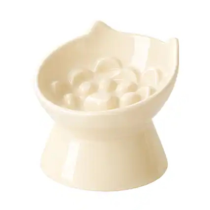 Front. PawsPik - PawsPik Lynx Ceramic Raised Slow Dog & Cat Food Bowl, Daisy Yellow - Daisy Yellow.