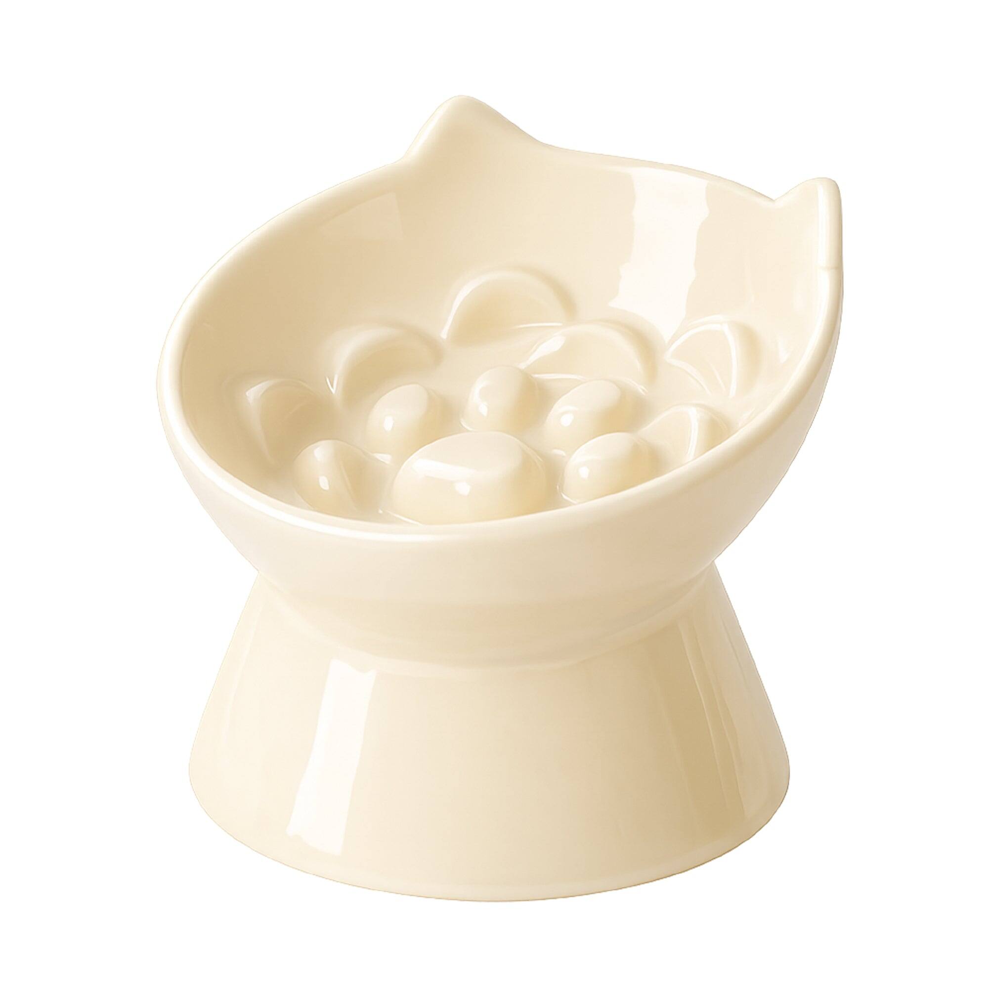 Front. PawsPik - PawsPik Lynx Ceramic Raised Slow Dog & Cat Food Bowl, Daisy Yellow - Daisy Yellow.