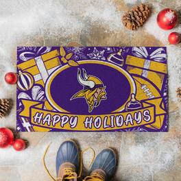 Evergreen Enterprises - Minnesota Vikings 28" x 16" Happy Holidays Christmas Turf Door Mat - Multicolor