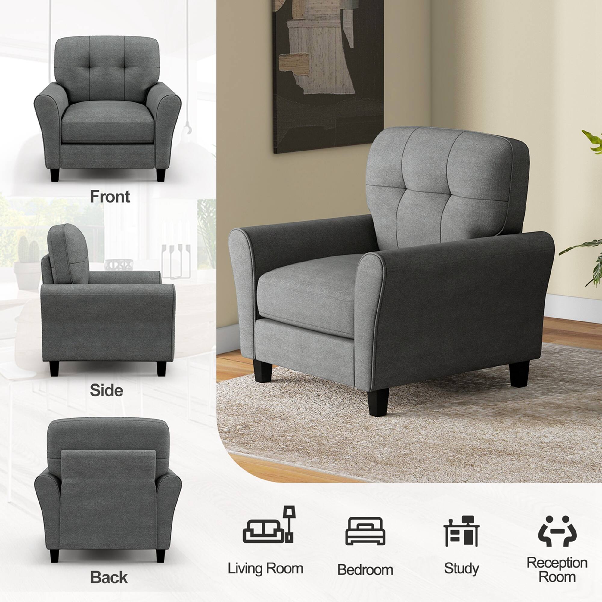 The image shows a chair with different styles and positions, including a side view, back view, and a view of the living room, bedroom, and study. The chair is placed in a living room setting, with a bedroom and study room also visible in the image.