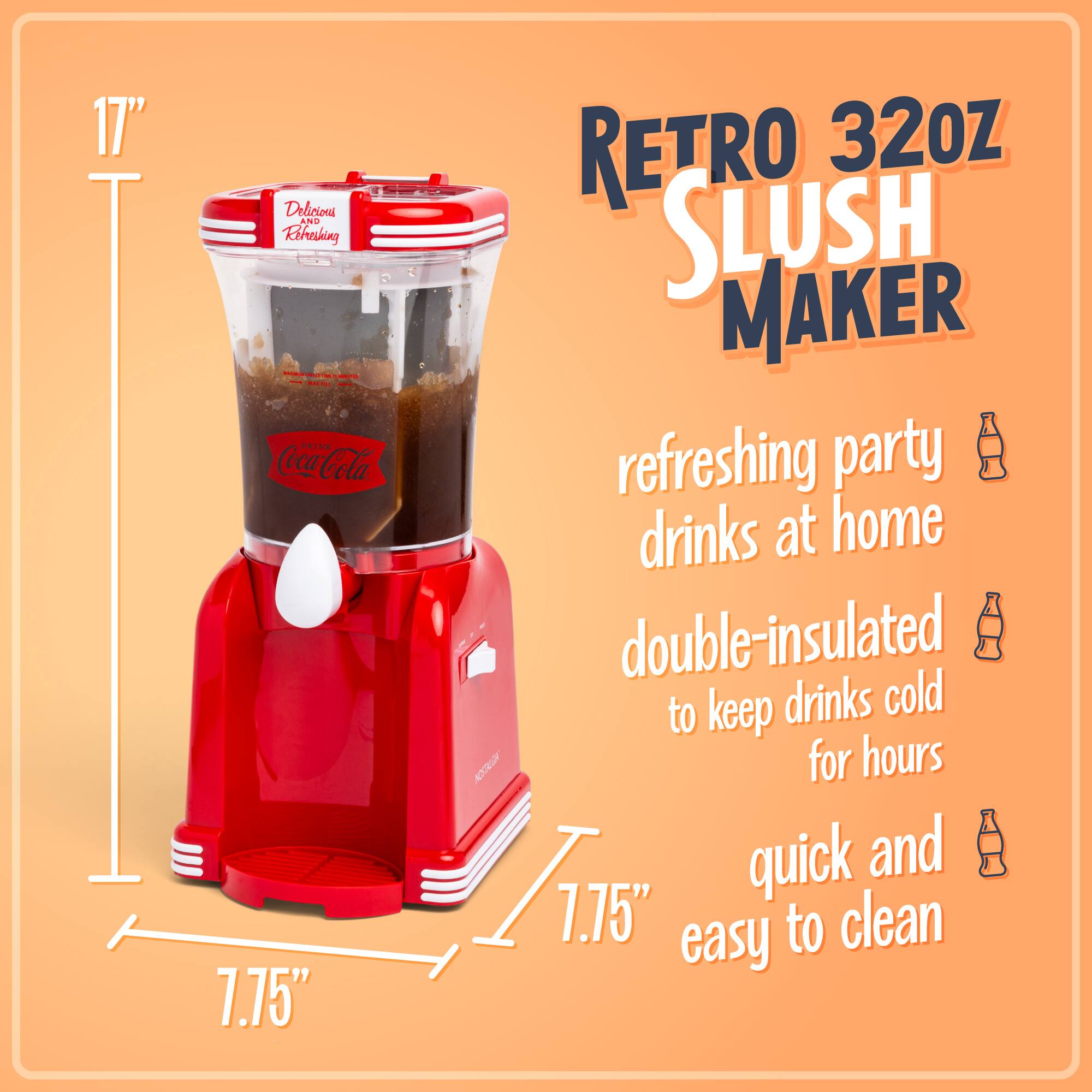 17" Dabirions AND Rhesking .- ..... Coca-Cola 7.75" RETRO 32oz SLUSH MAKER refreshing party drinks at home double-insulated to keep drinks cold for hours quick and 7.75" to clean easy