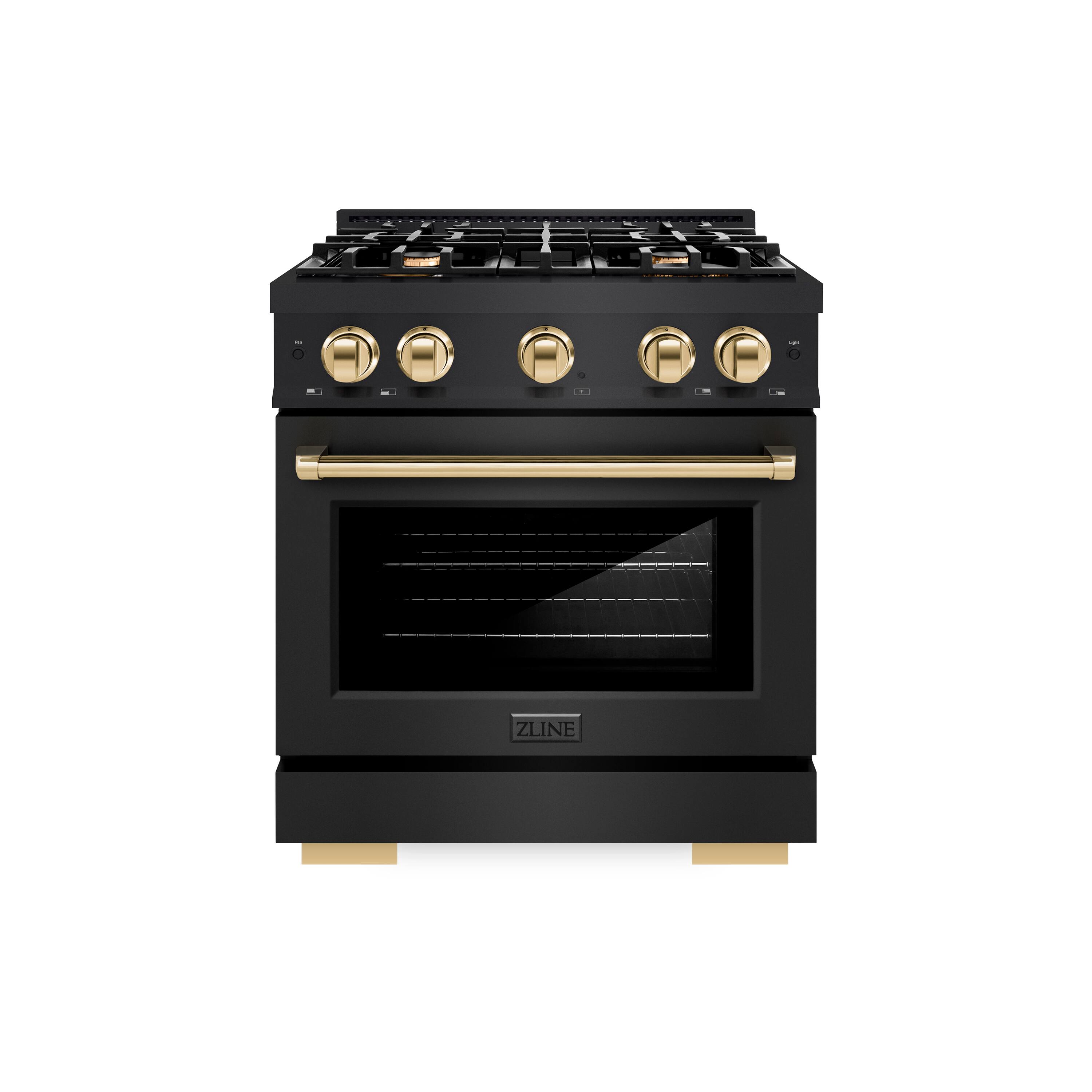 Angle. ZLINE - ZLINE Autograph 30 in. 4.2 cu. ft. Freestanding Select Black Stainless Gas Range w/ 4 Burners & Gold Accents - Black Stainless Steel.