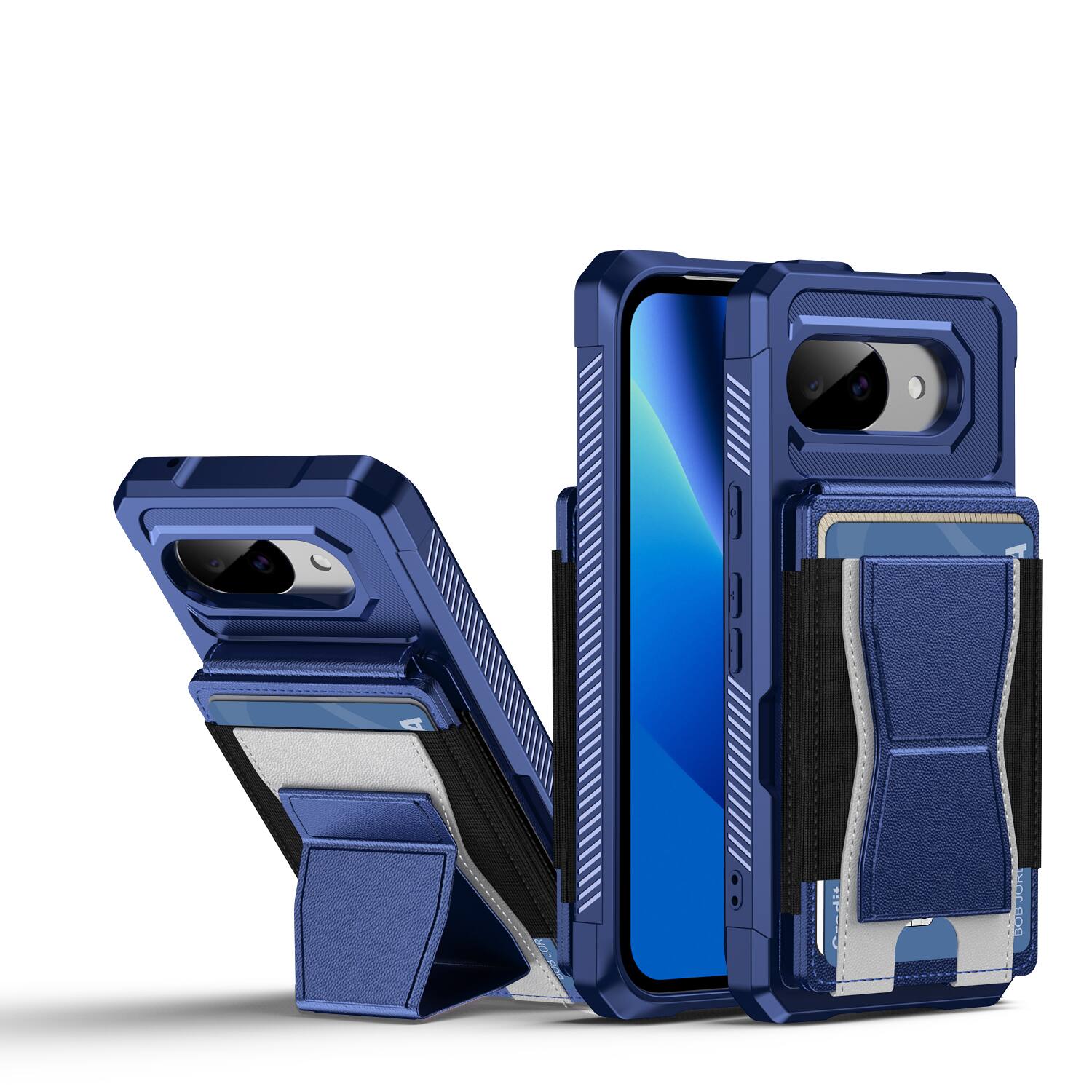 Angle. Dteck - Rugged Wallet Case for Google Pixel 10a, Shockproof Protective Cover with Elastic Card Holder and Kickstand - Darkblue.