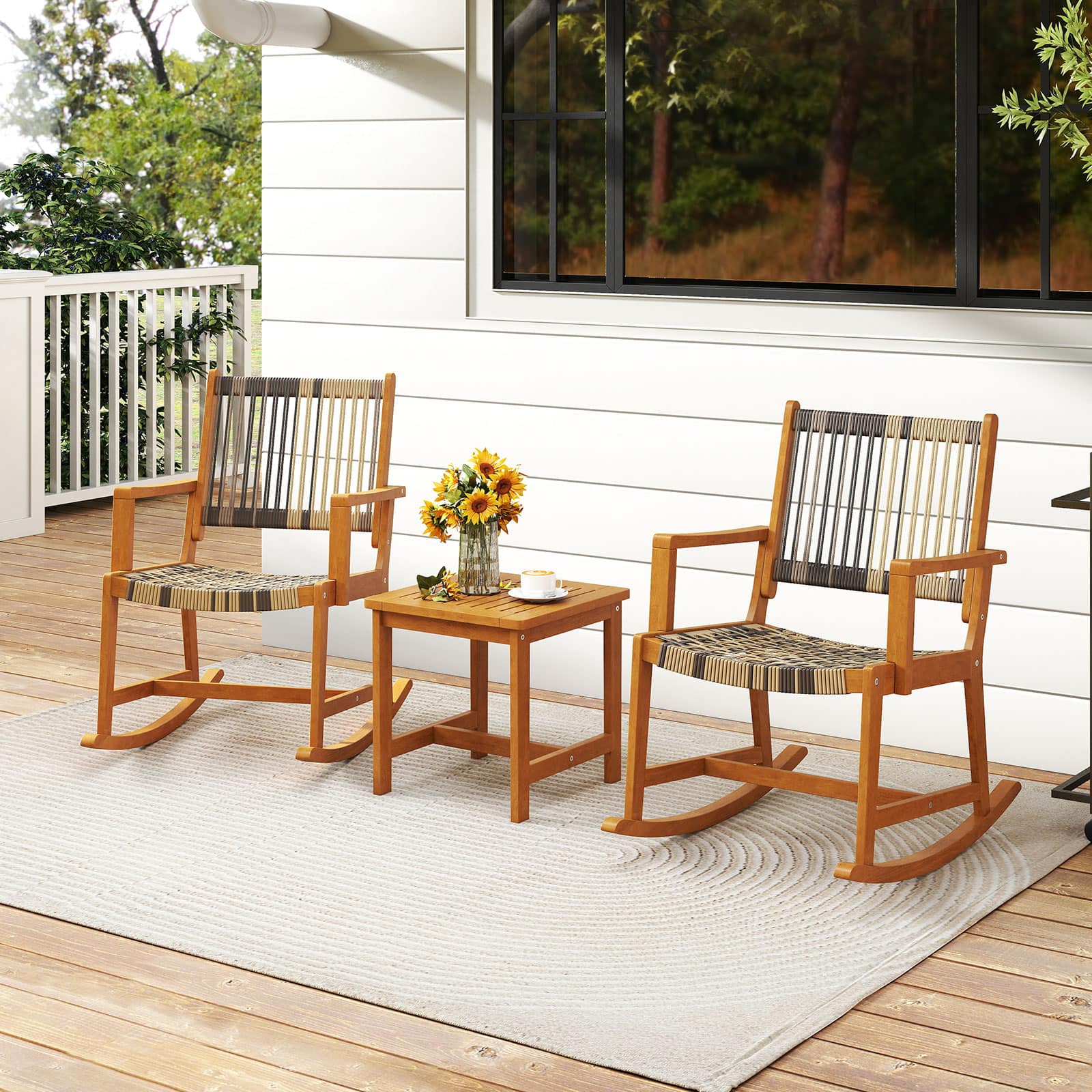 Gymax - 3 Pieces Rocking Bistro Set PE Rattan Front Porch Chairs w/ Coffee Table - Mix Brown, Gray