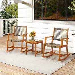 Gymax - 3 Pieces Rocking Bistro Set PE Rattan Front Porch Chairs w/ Coffee Table - Mix Brown, Gray