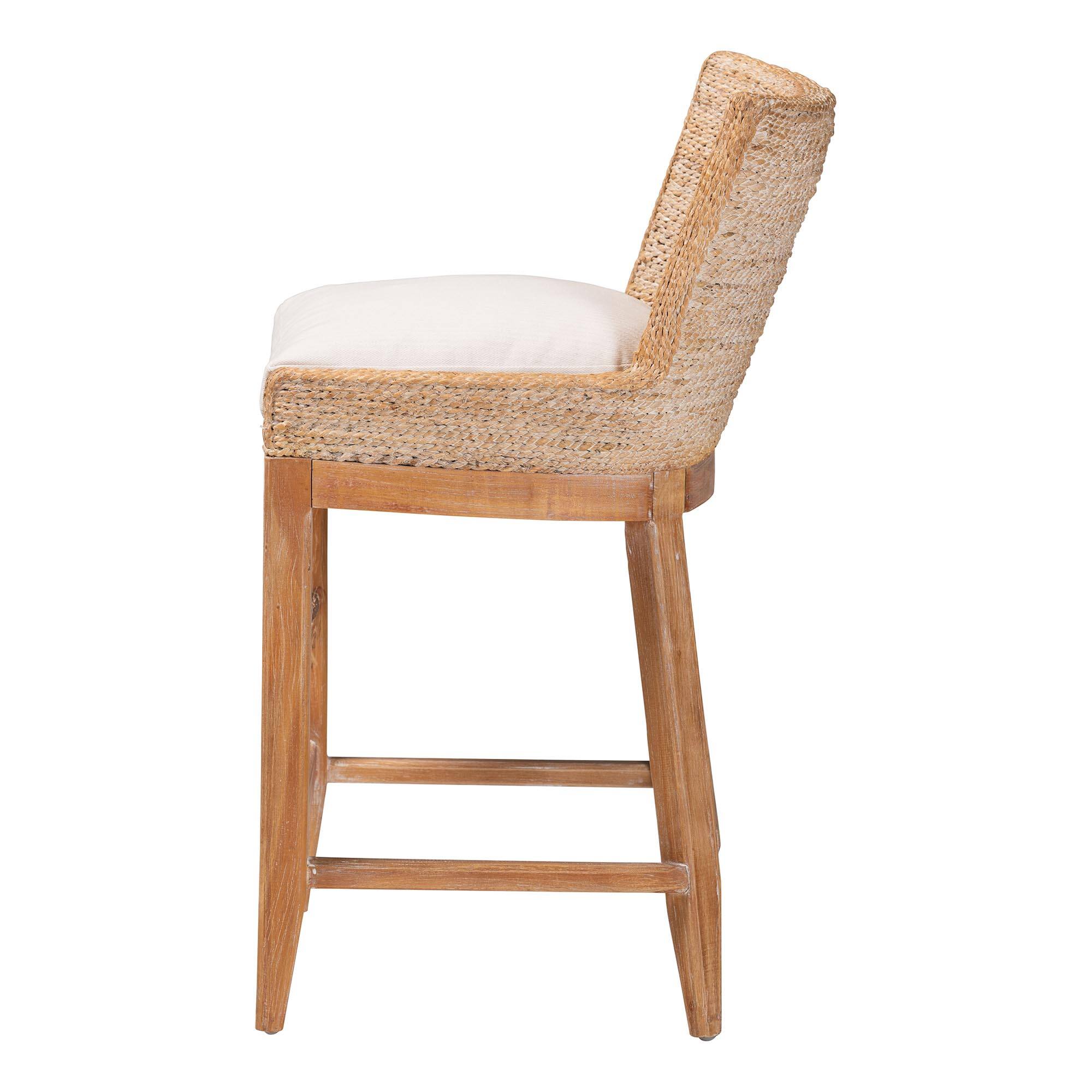 Left. bali & pari - Ridley Seagrass Counter Stool with Mahogany Wood Frame - Seating with Woven Square Back and Cushioned Seat - White Wash.