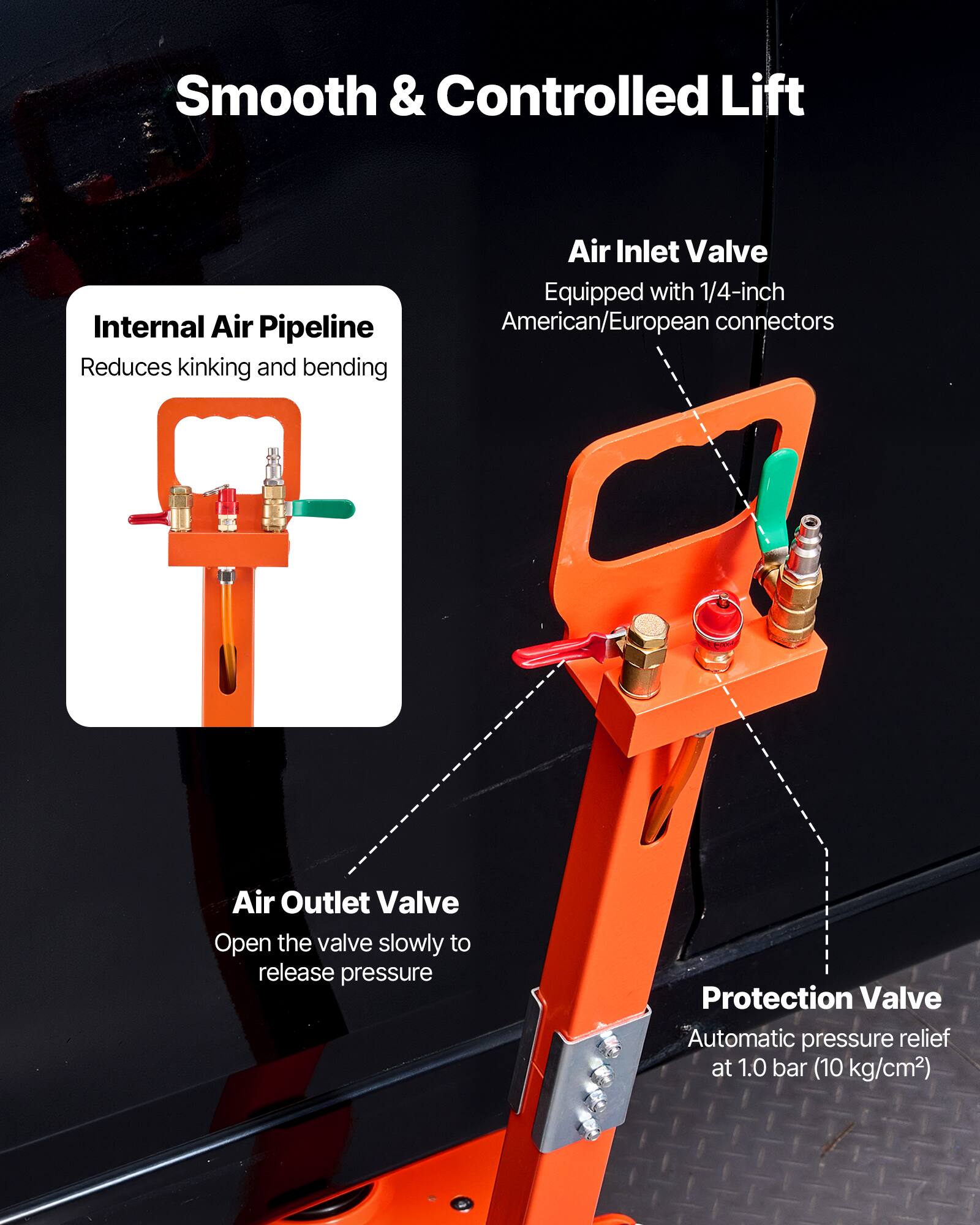 Smooth & Controlled Lift

Internal Air Pipeline
Reduces kinking and bending

Air Inlet Valve
Equipped with 1/4-inch American/European connectors

Air Outlet Valve
Open the valve slowly to release pressure

Protection Valve
Automatic pressure relief at 1.0 bar (10 kg/cm²)